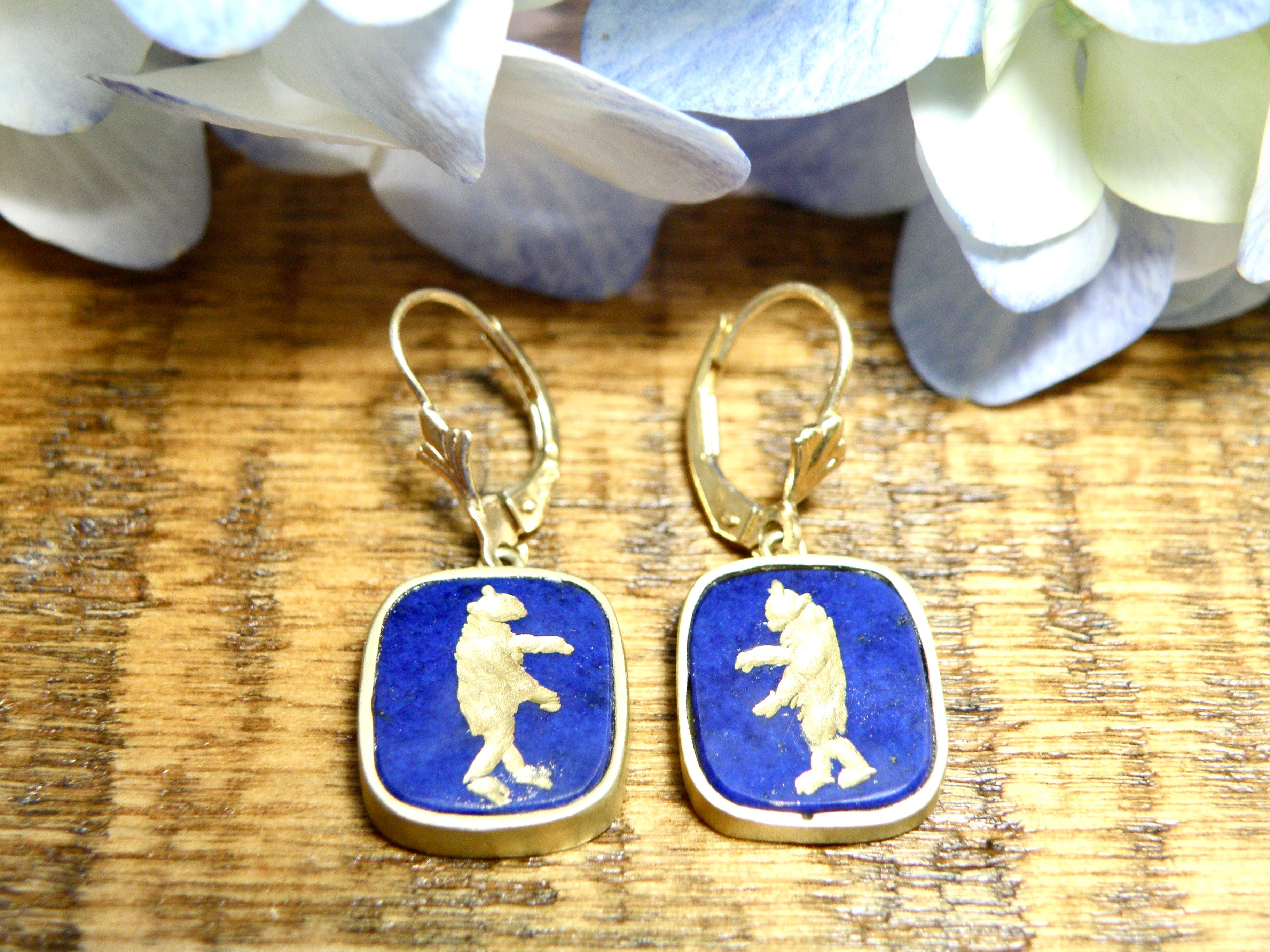 18k lapis earrings. Carved Gold Intaglio bears 1