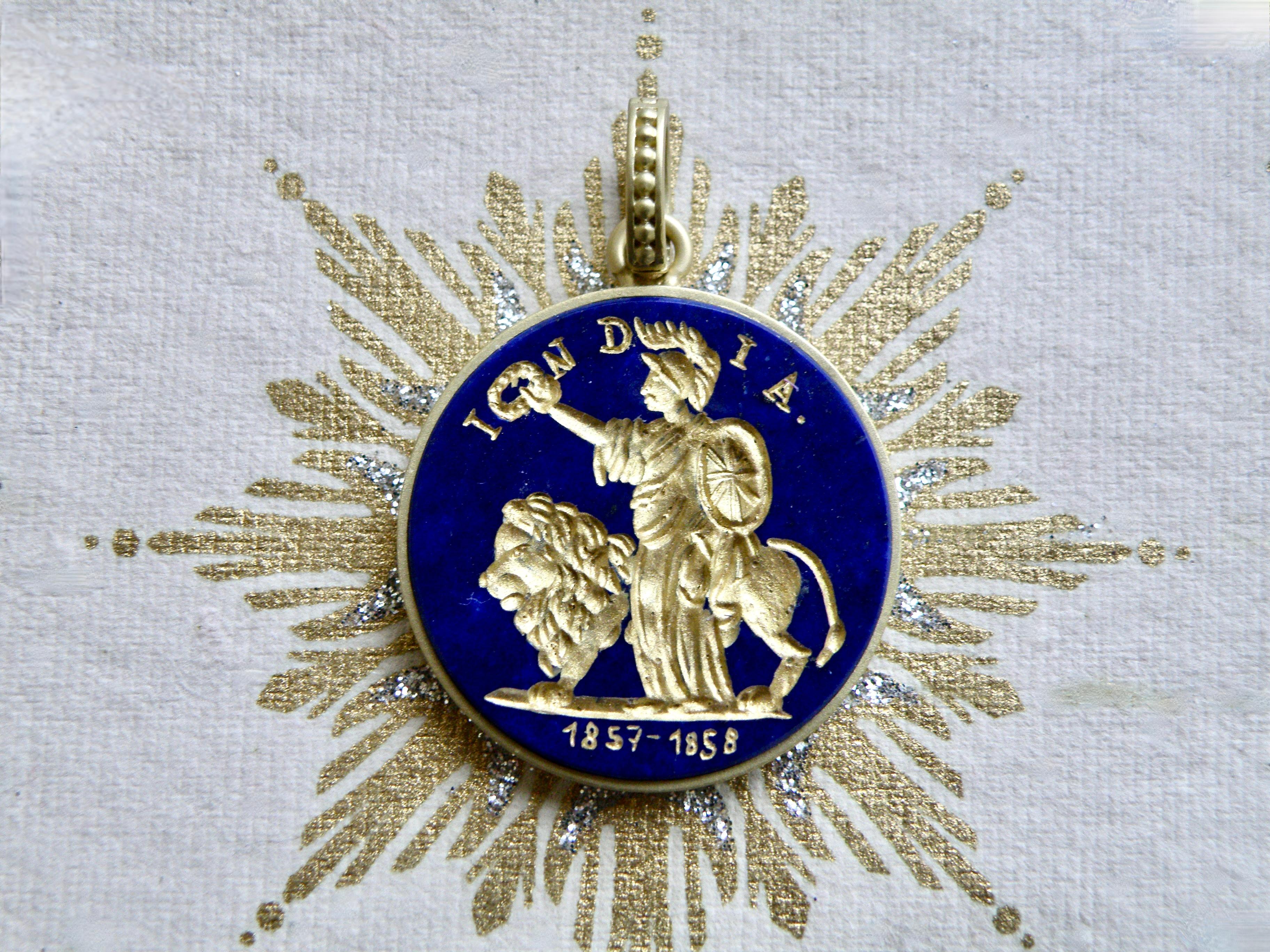 Lapis Lazuli pendant, gold Intaglio of a Roman Soldier with a Lion. !8k, 18K bail.