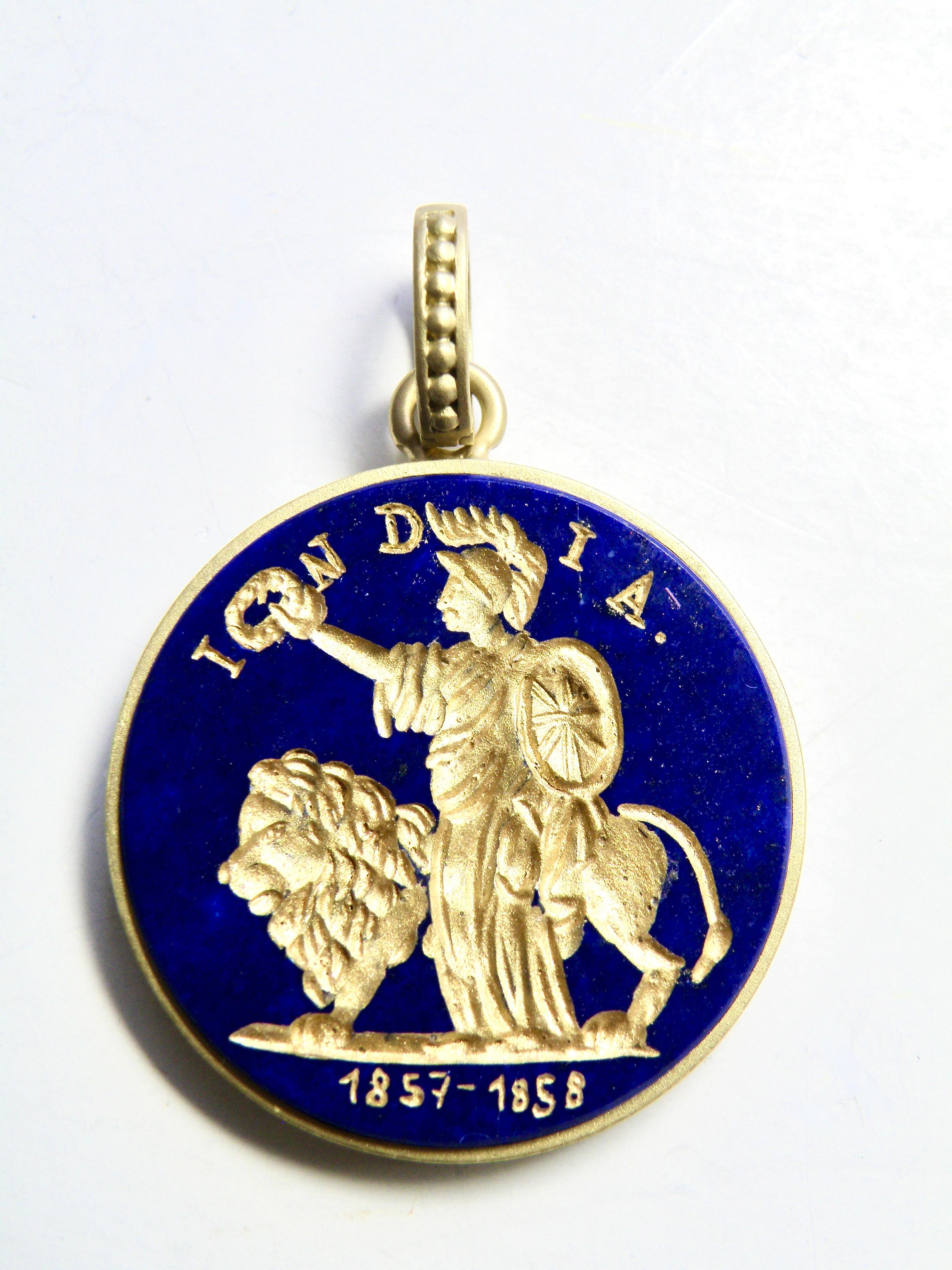 Women's or Men's 18k lapis enhancer, roman soldier with Lion Intaglio For Sale