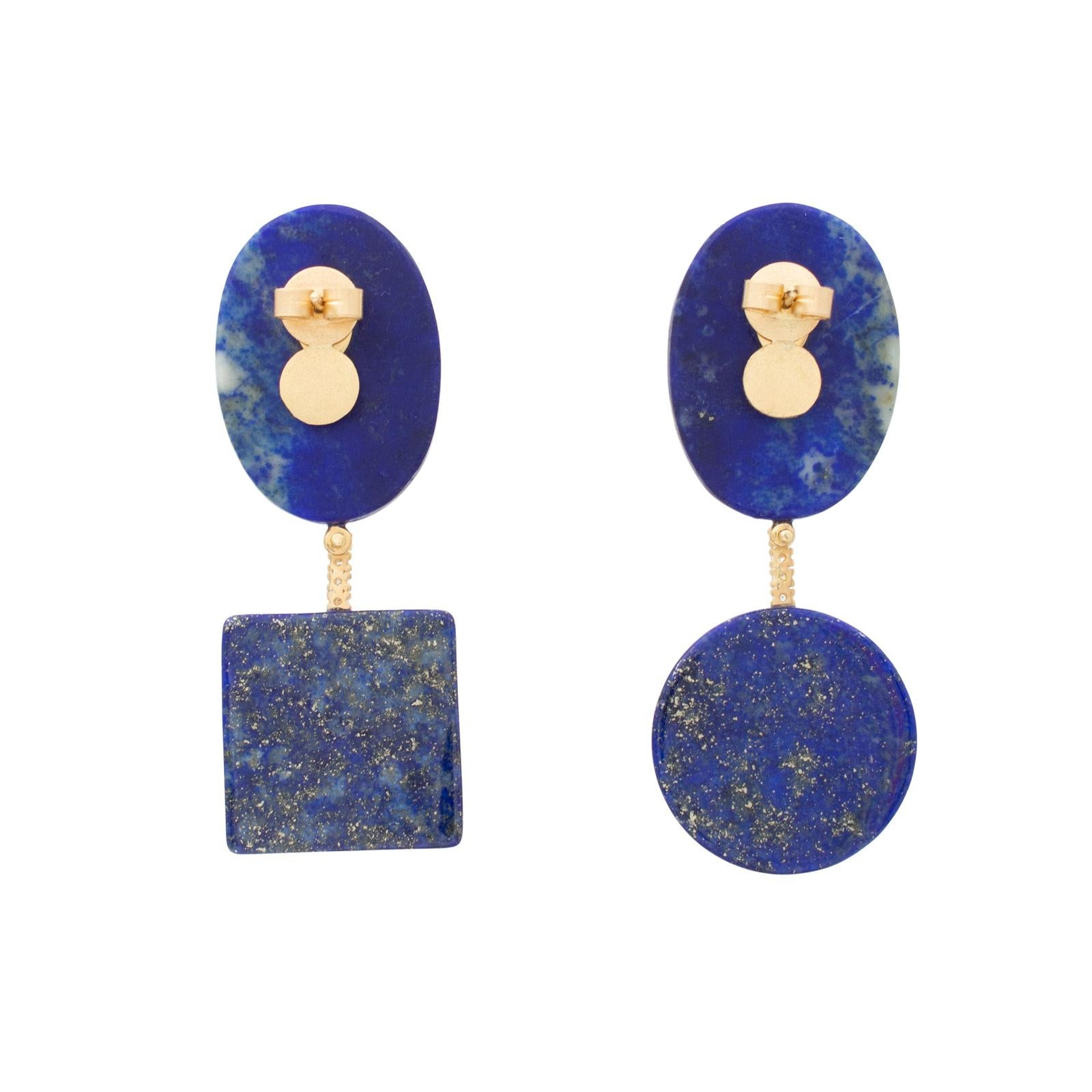 Rich Lapis Lazuli oval cut paired with four White Diamonds set in 18 carat recycled gold followed by Lapis Lazuli square cut and round cut on opposing pieces. Gemstones are ethically sourced and non-heat treated. All of the pieces are one-of-a-kind