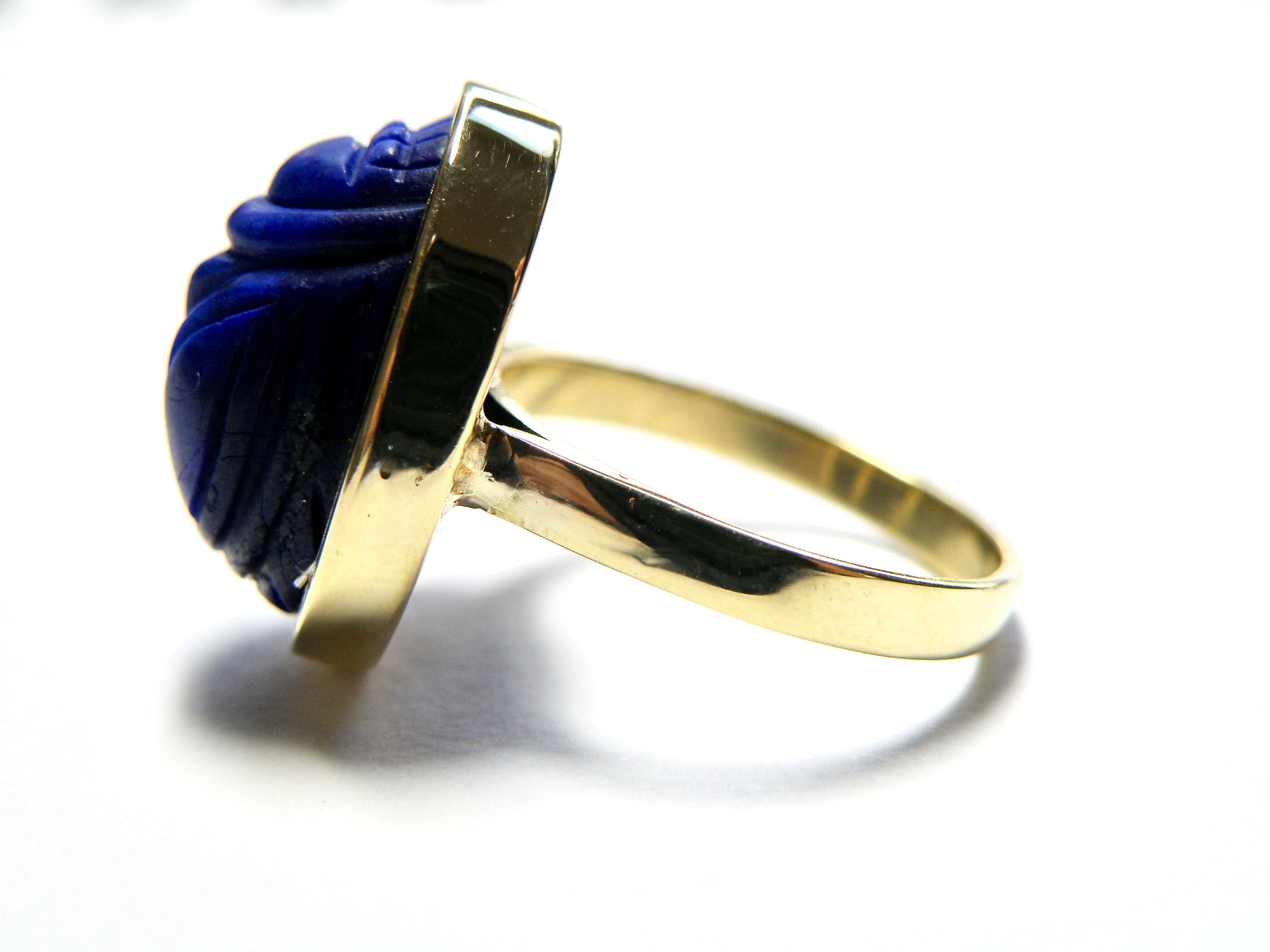 Women's or Men's 18K Lapis Lazuli Carved Scarab Ring For Sale