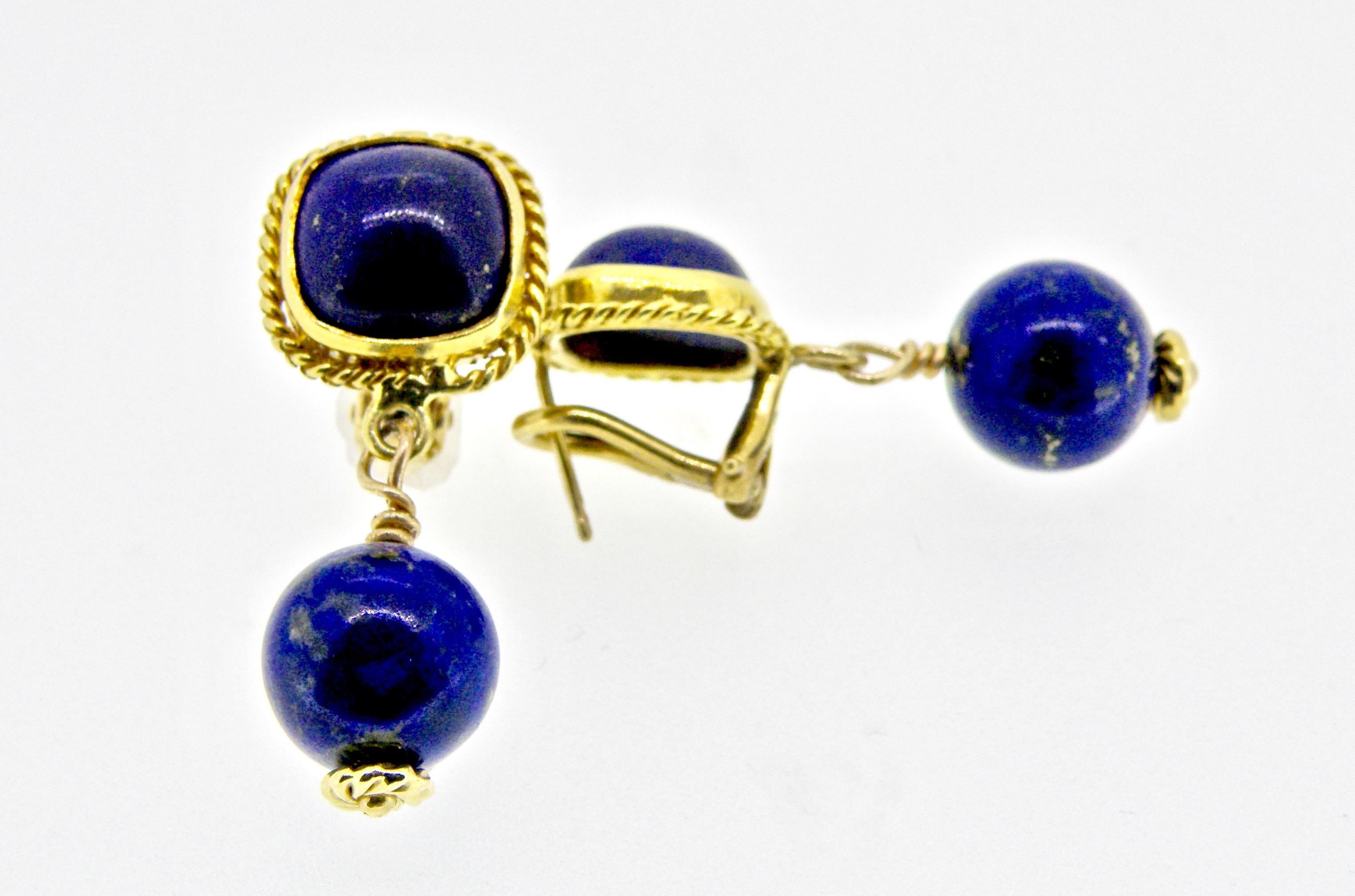 18K Lapis Lazuli special cushion cut with 10mm Lapis drops earring  are clip and posts