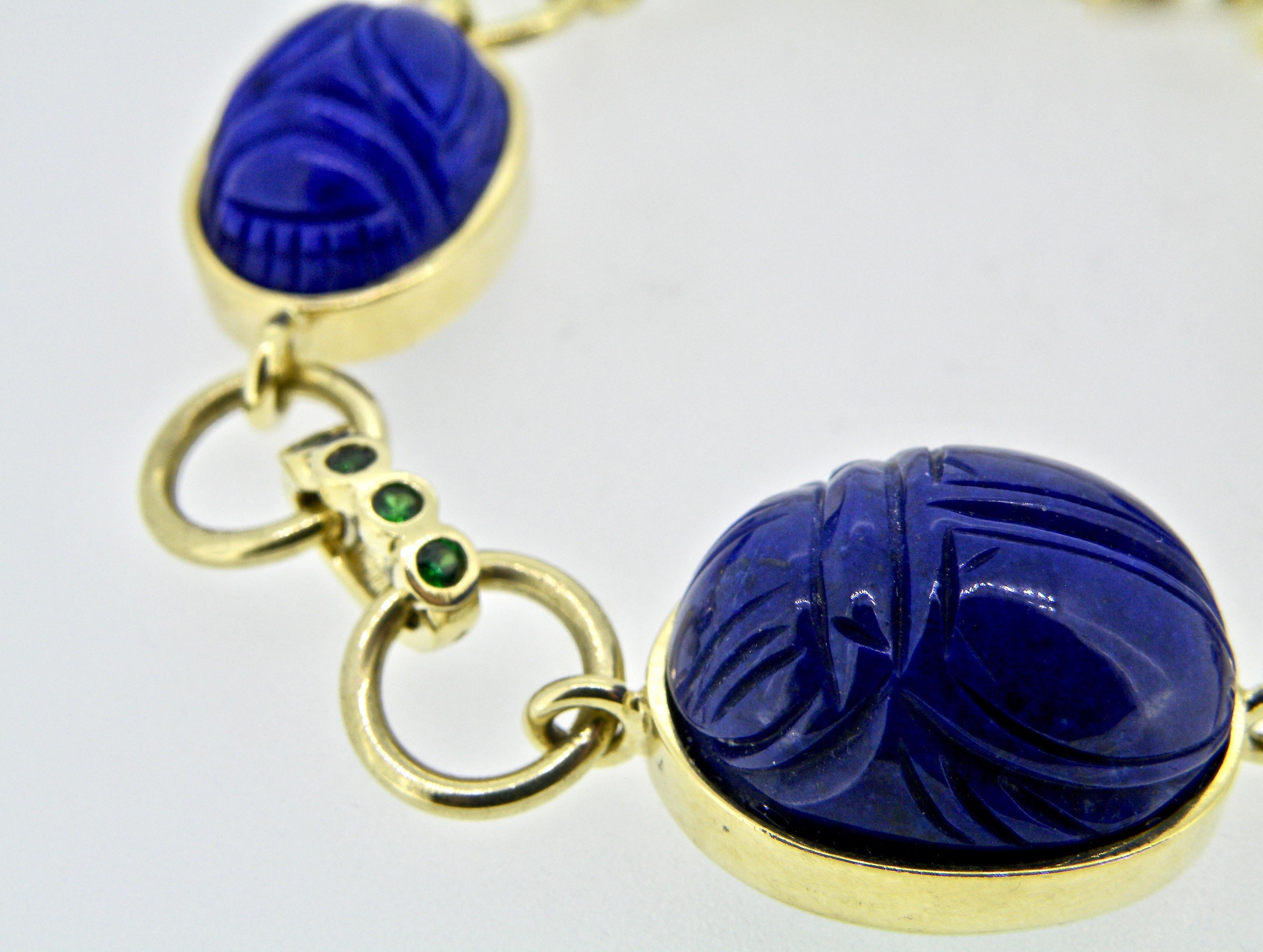 18K Lapis Lazuli Scarab and Blue Sapphire link bracelet with 3 14x18mm hand carved Lapis scarabs