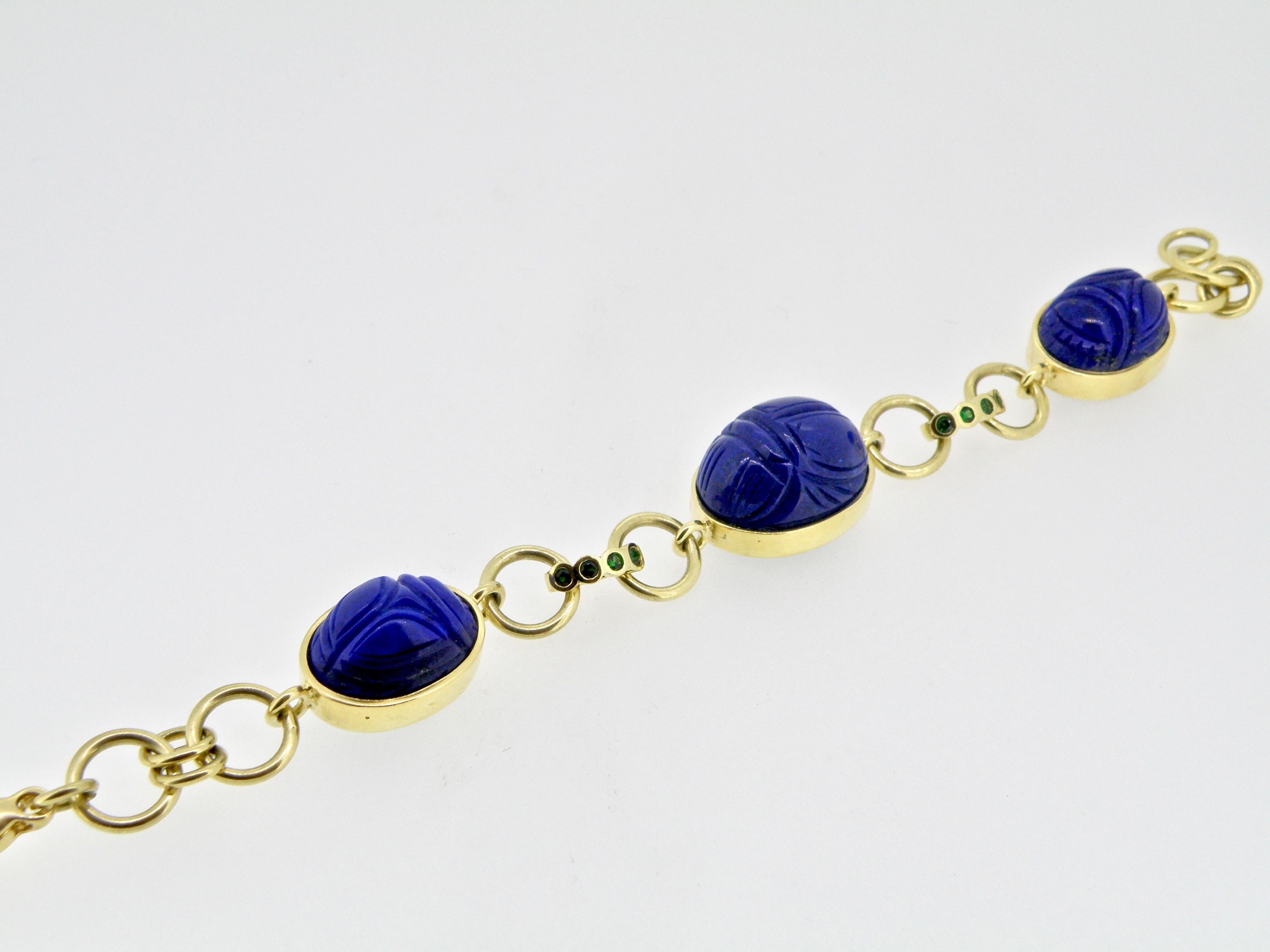 Cabochon 18 Karat Lapis Lazuli Scarab Link Bracelet
