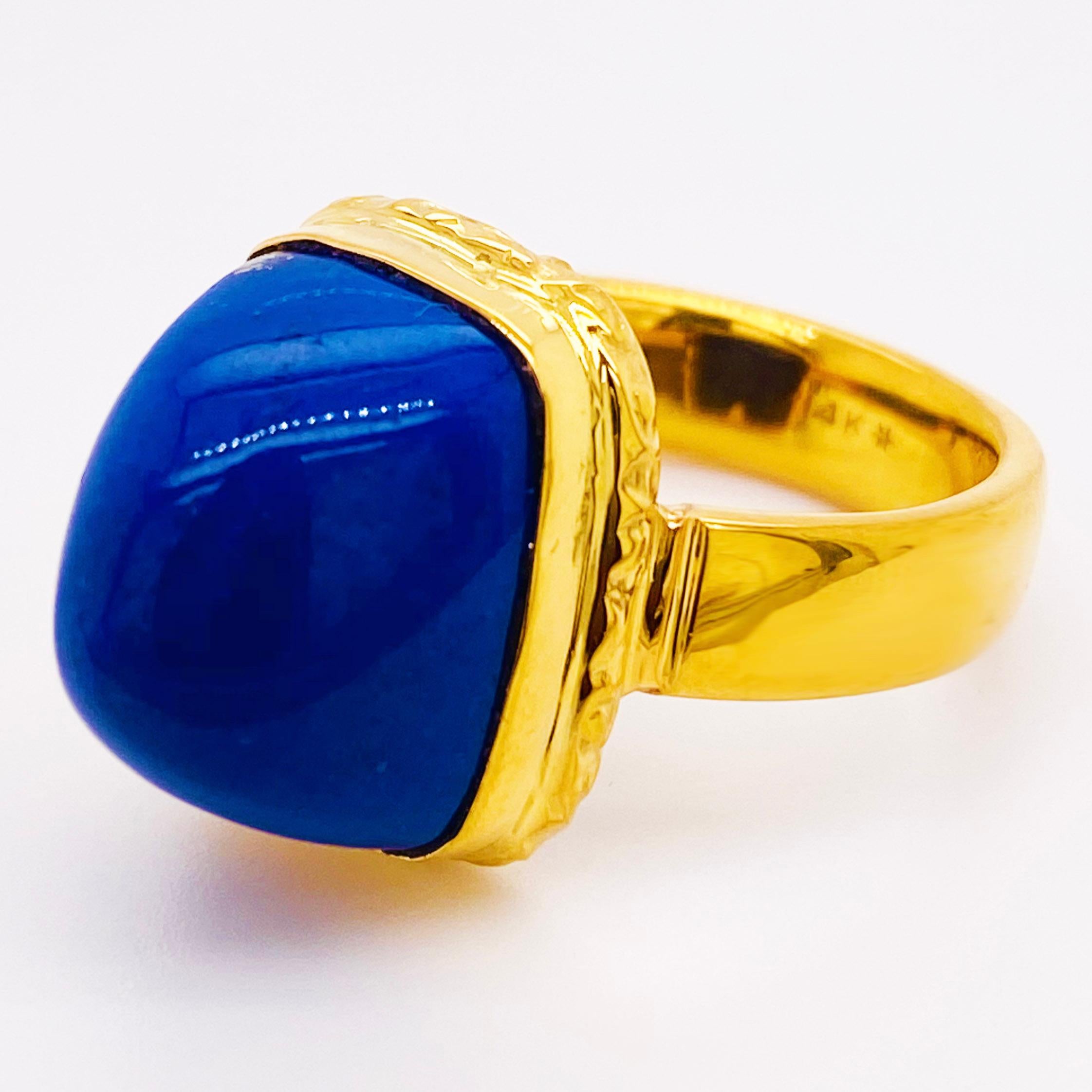 Cushion Cut 18k Lapis Ring, 18 Karat Gold, Bombe Ring, Vintage Point Ring, Lapis Lazuli Ring