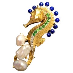 18K Lapis Tsavorite Garnet Diamond Pearl Seahorse Brooch