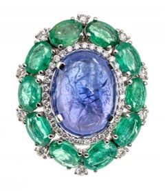 18k Cabachon Sapphire (App. 20.53 CTS), Emerald and Diamond Cluster Earrings