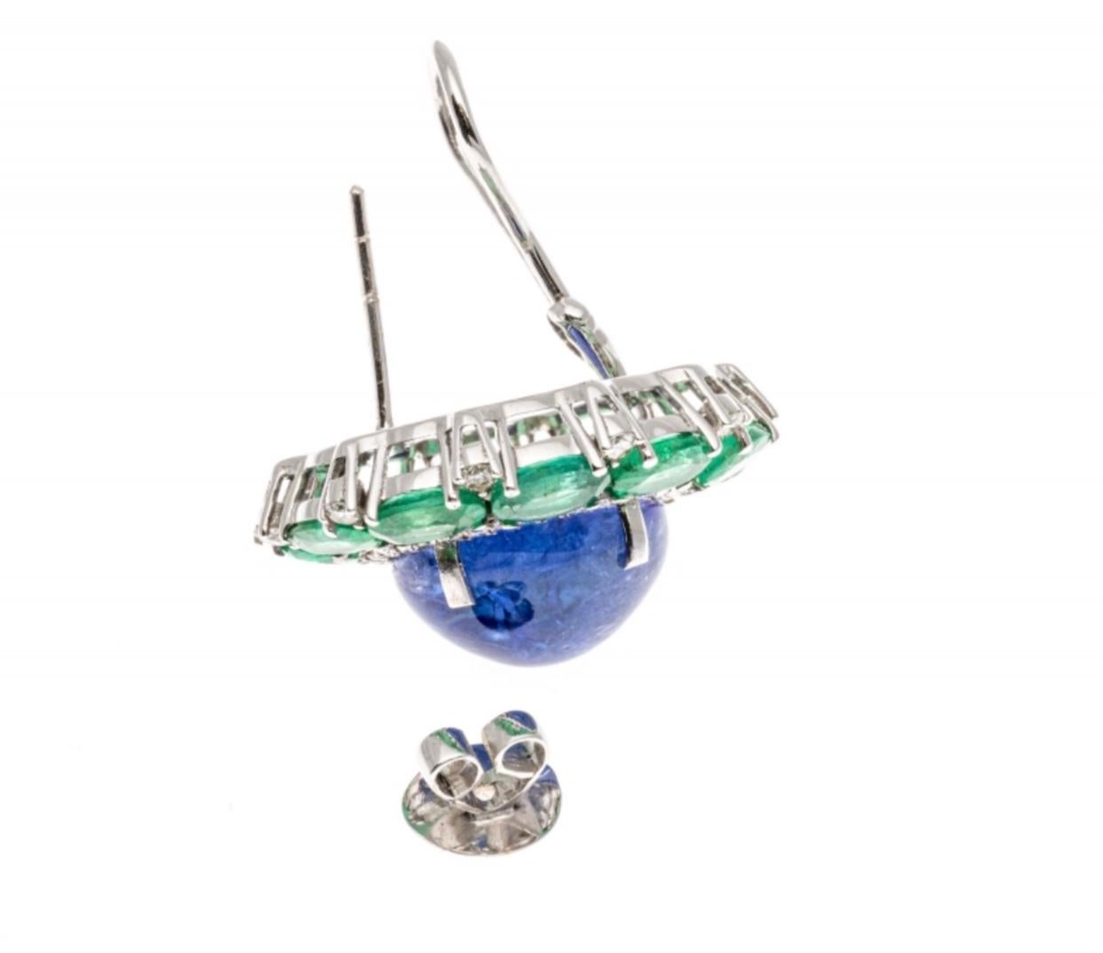 Contemporary 18k Cabachon Sapphire (App. 20.53 CTS), Emerald and Diamond Cluster Earrings For Sale