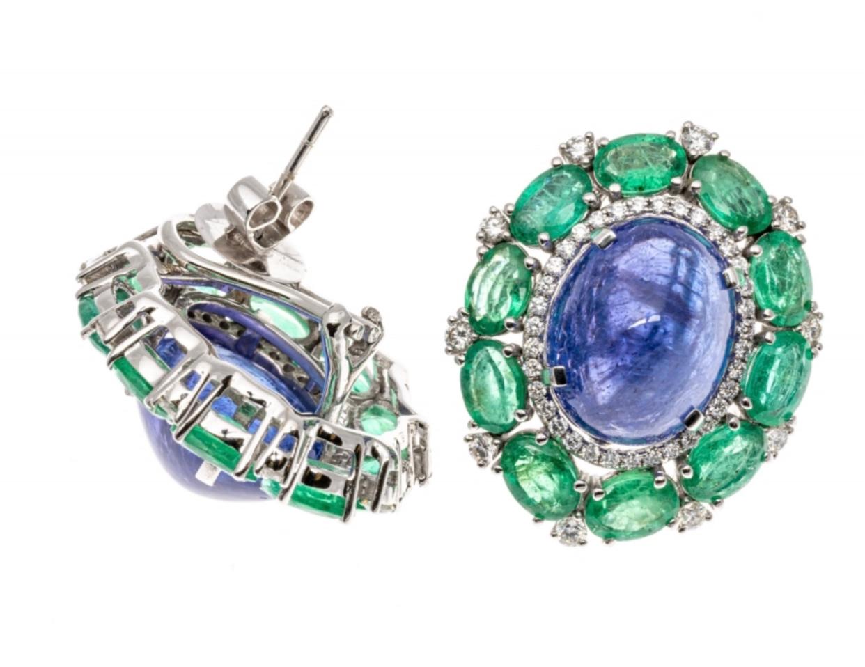 Oval Cut 18k Cabachon Sapphire (App. 20.53 CTS), Emerald and Diamond Cluster Earrings For Sale