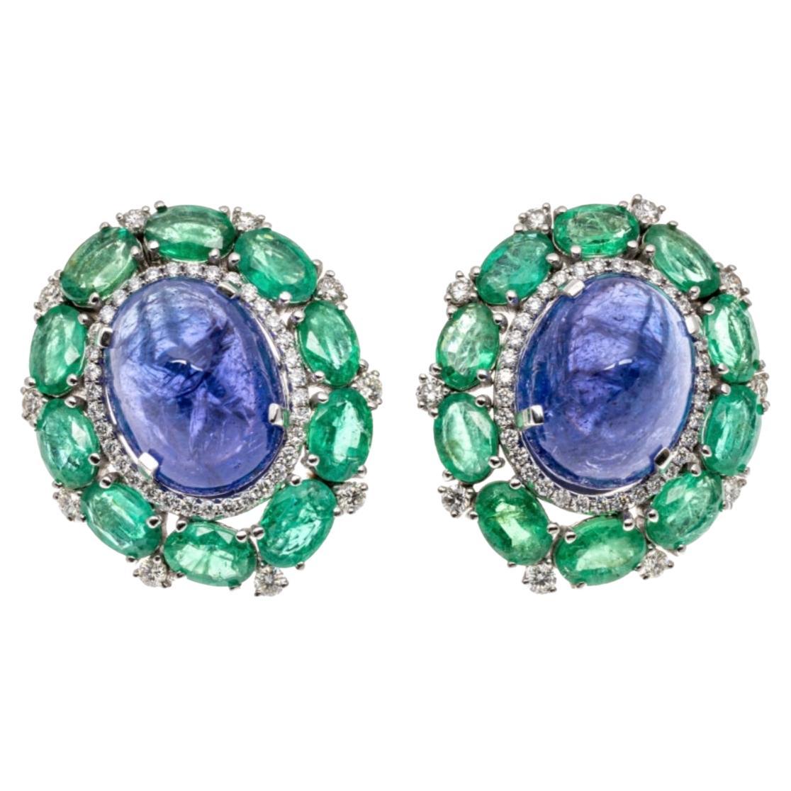18k Cabachon Sapphire (App. 20.53 CTS), Emerald and Diamond Cluster Earrings For Sale