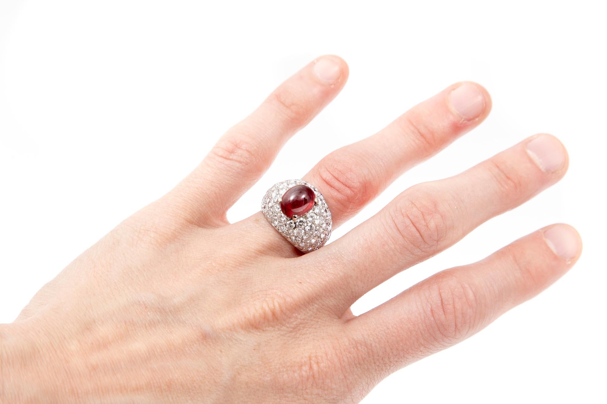 18k Large Cabachon Natural Ruby, 4.54 CTS, and Pave Diamond Dome Ring, GIA Cert For Sale 3