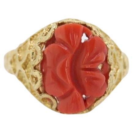 18k Large Carved Orange CORAL ring. 18k Coral Flower Texture set statement ring.