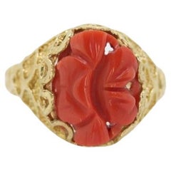 18k Large Carved Orange CORAL ring. 18k Coral Flower Texture set statement ring.