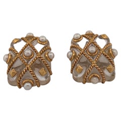18K Large Clear Pearl Rope Earrings Clip on or Studded