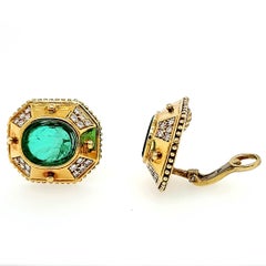 Doris Panos 18 Karat Large Diamond Earrings Green Stone Yellow Gold Clip-On