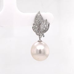 18k Leaf Diamond and Pearl Dangle Earrings Dangle