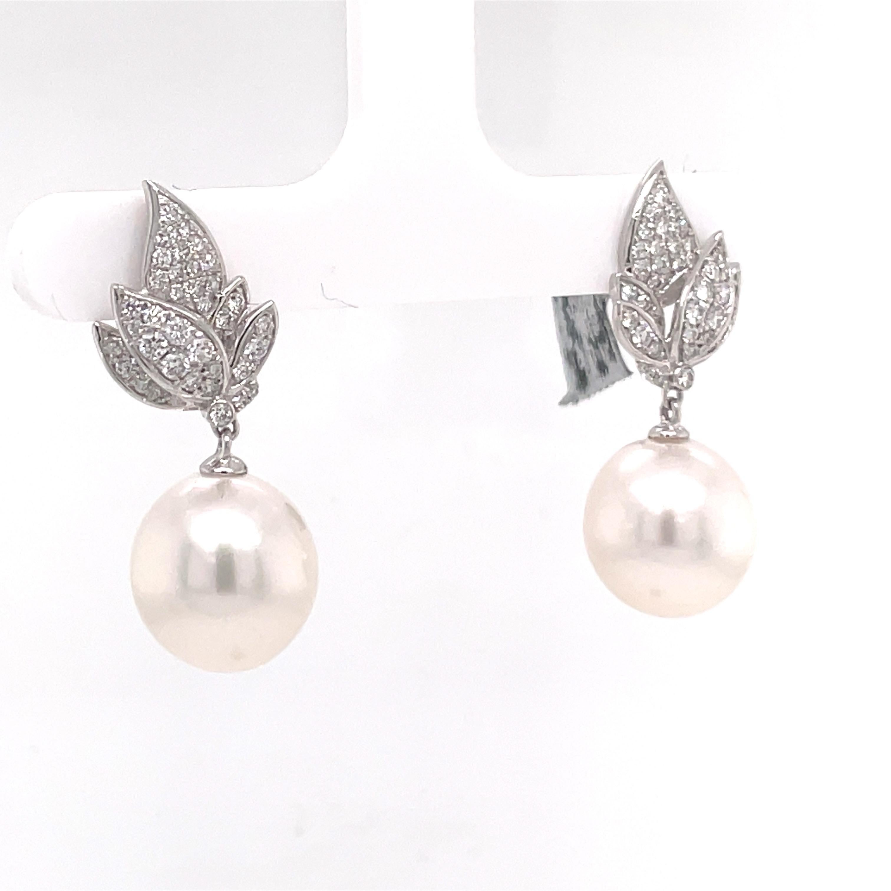Round Cut 18k Leaf Diamond and Pearl Dangle Earrings Dangle For Sale