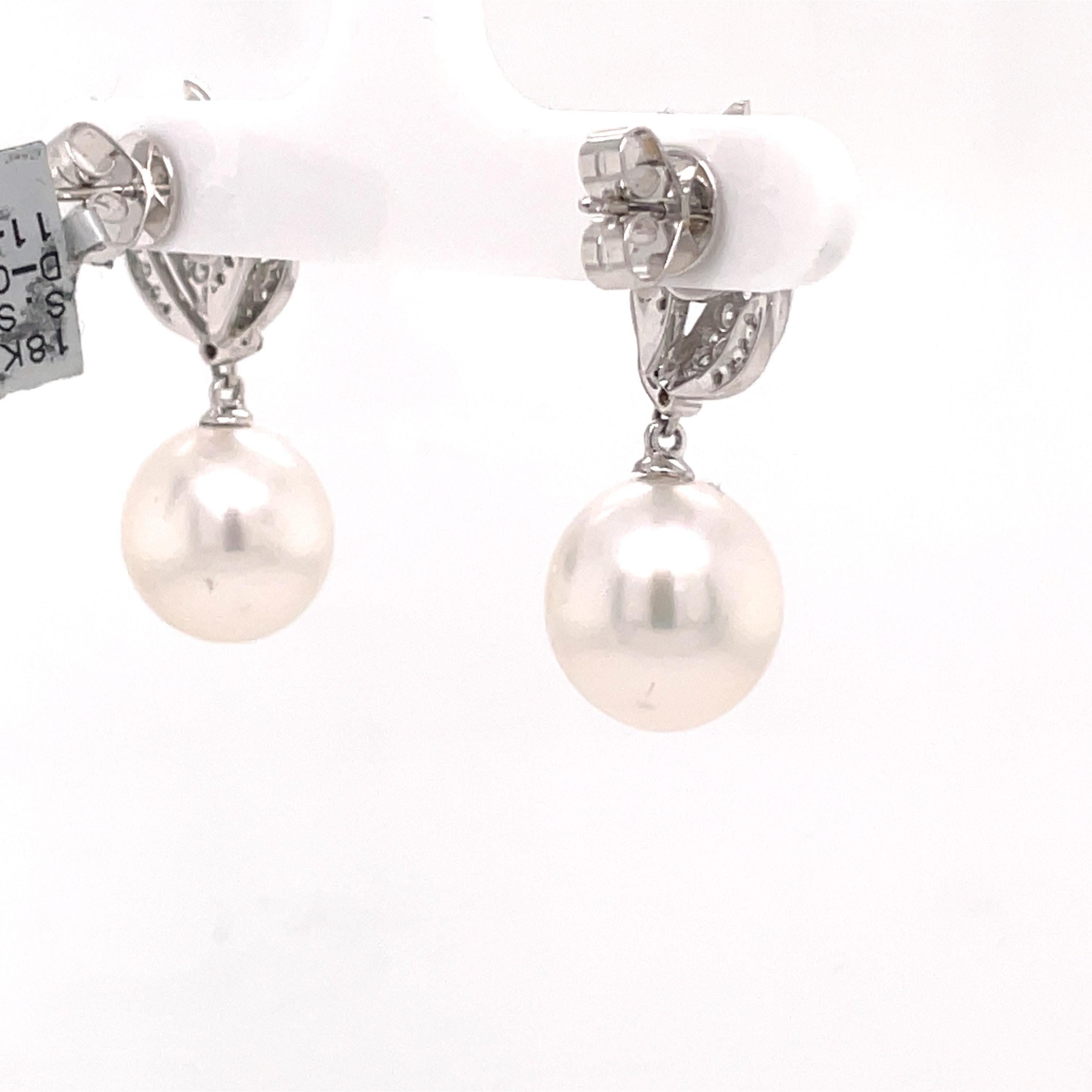 18k Leaf Diamond and Pearl Dangle Earrings Dangle For Sale 1