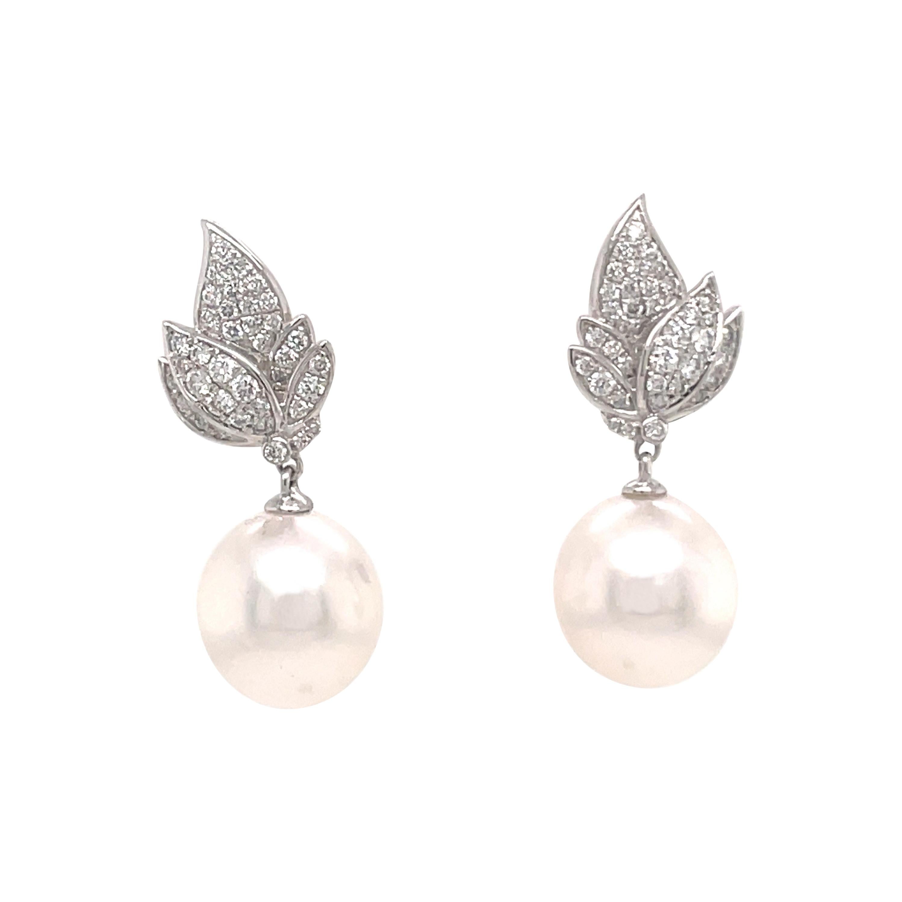 18k Leaf Diamond and Pearl Dangle Earrings Dangle For Sale