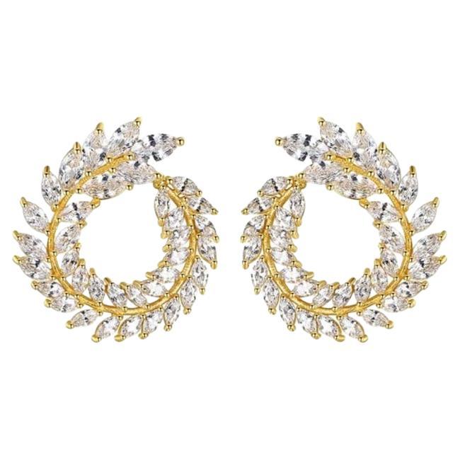 Round Leaf Shape Diamond 18K Yellow Gold Earrings