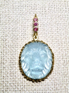 18k Lg Enhancer, Carved Aquamarine Lion, Sapphire Bail