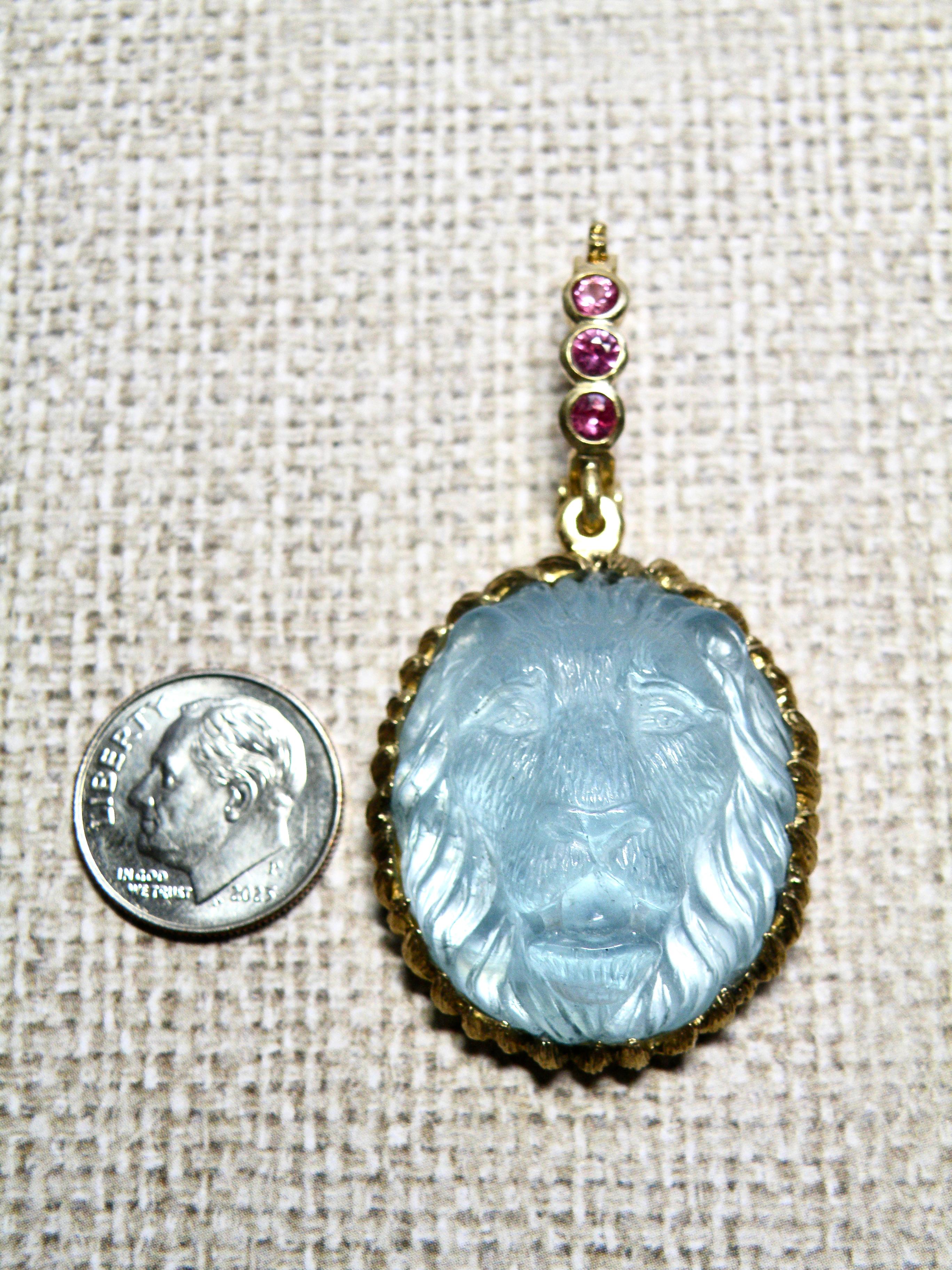 Contemporary 18k Lg Enhancer, Carved Aquamarine Lion, Sapphire Bail For Sale