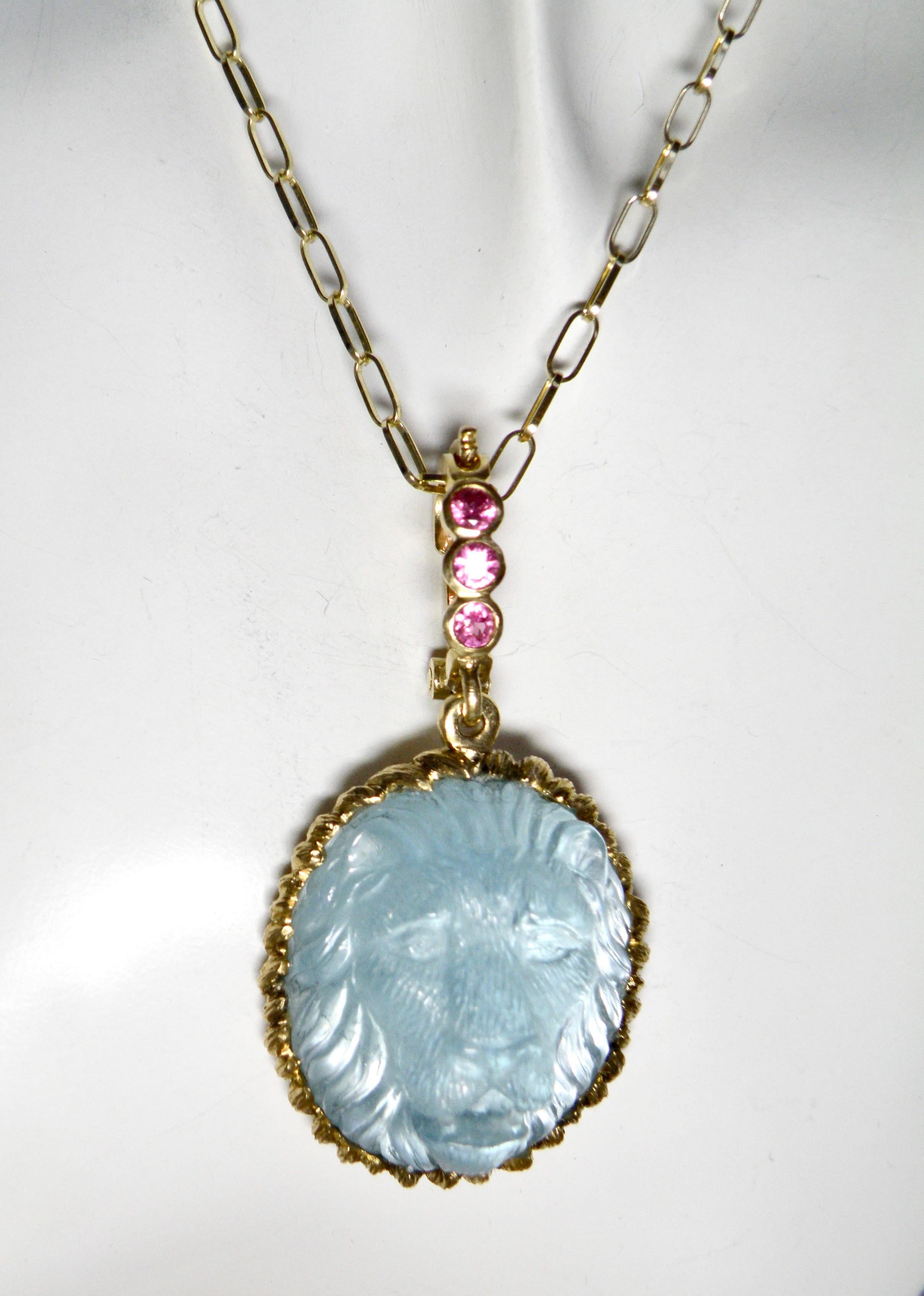 Women's or Men's 18k Lg Enhancer, Carved Aquamarine Lion, Sapphire Bail For Sale