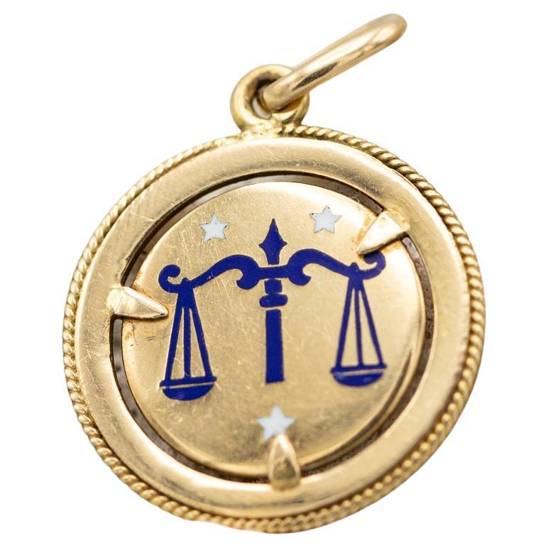 18K Libra, Vintage 18 karat zodiac charm pendant - solid yellow gold - Star Sign