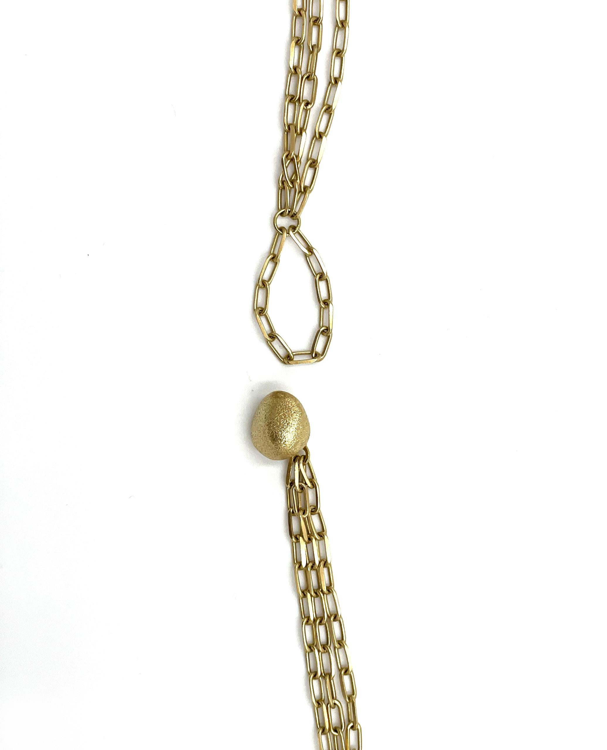Women's 18K Yellow Gold Long Bean Pendant on a Triple Strand Paperclip Chain For Sale
