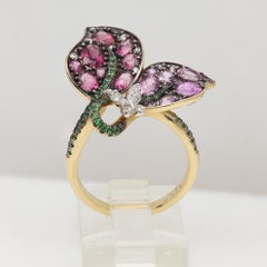 18k Flower Ring natural sapphire rhodolite tsavorite diamonds
