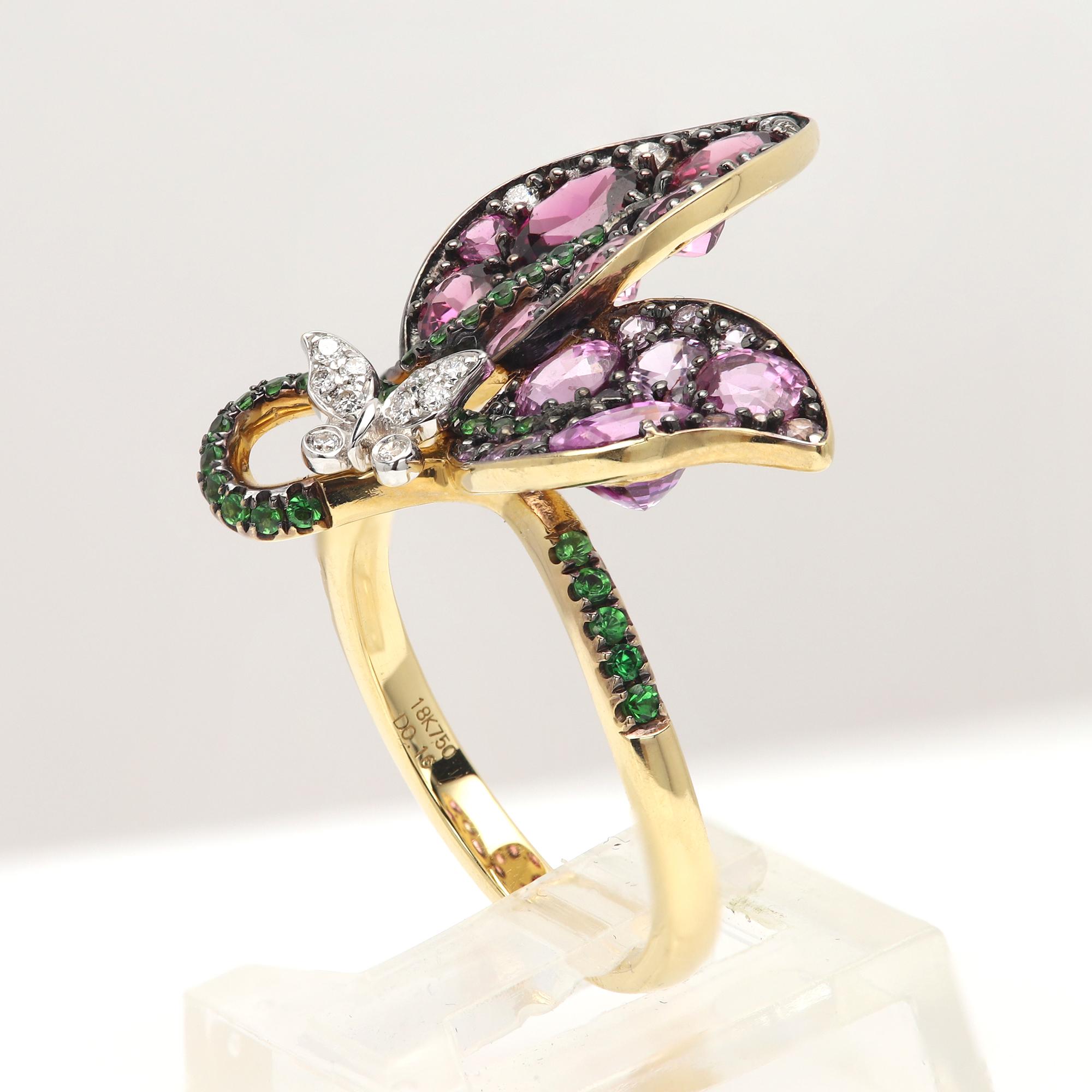 Taille poire 18k Lovely Flower leaf Ring saphir naturel rhodolite tsavorite diamants massif en vente