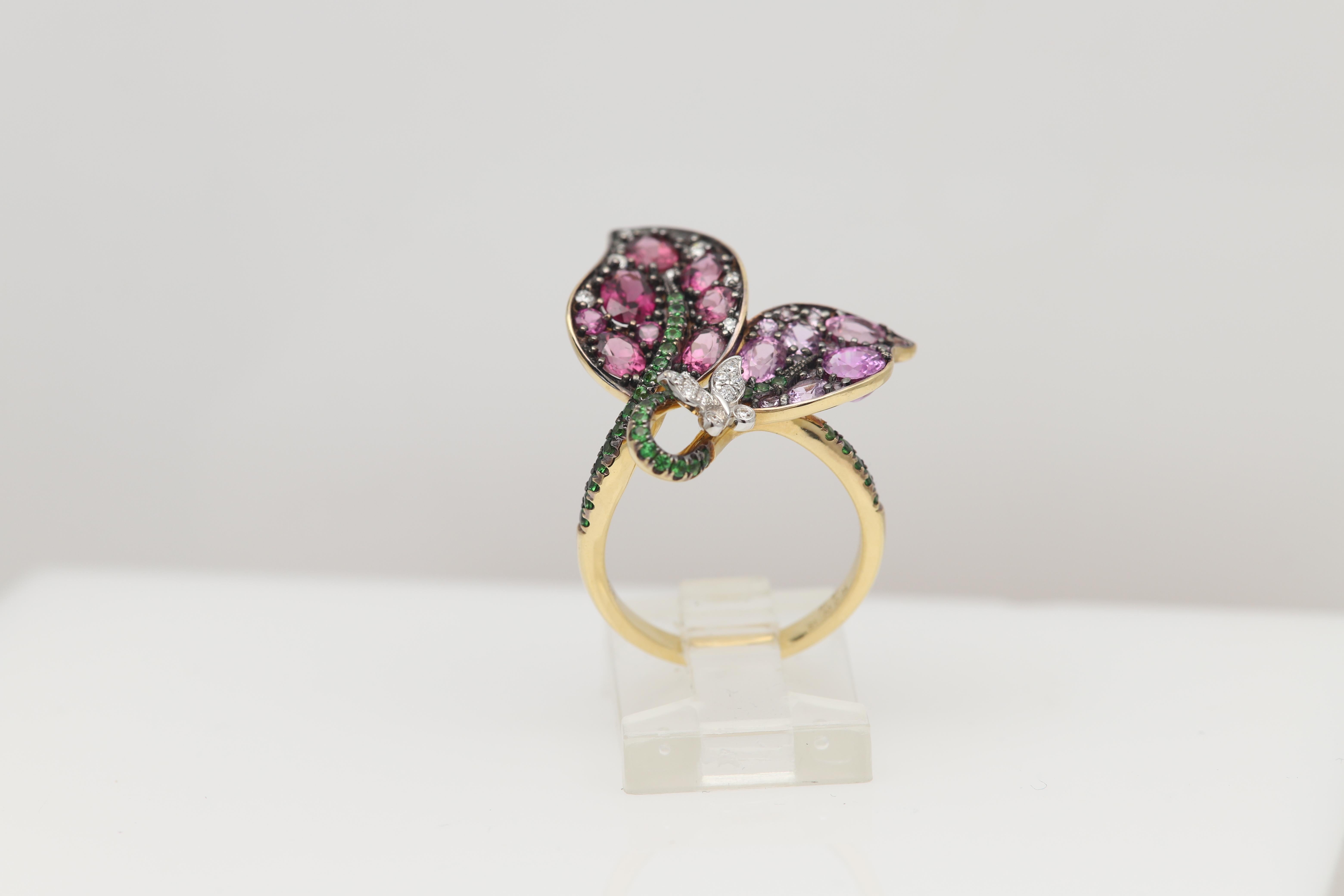 18k Lovely Flower leaf Ring saphir naturel rhodolite tsavorite diamants massif Pour femmes en vente
