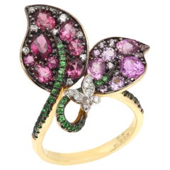 18k Lovely Flower leaf Ring saphir naturel rhodolite tsavorite diamants massif