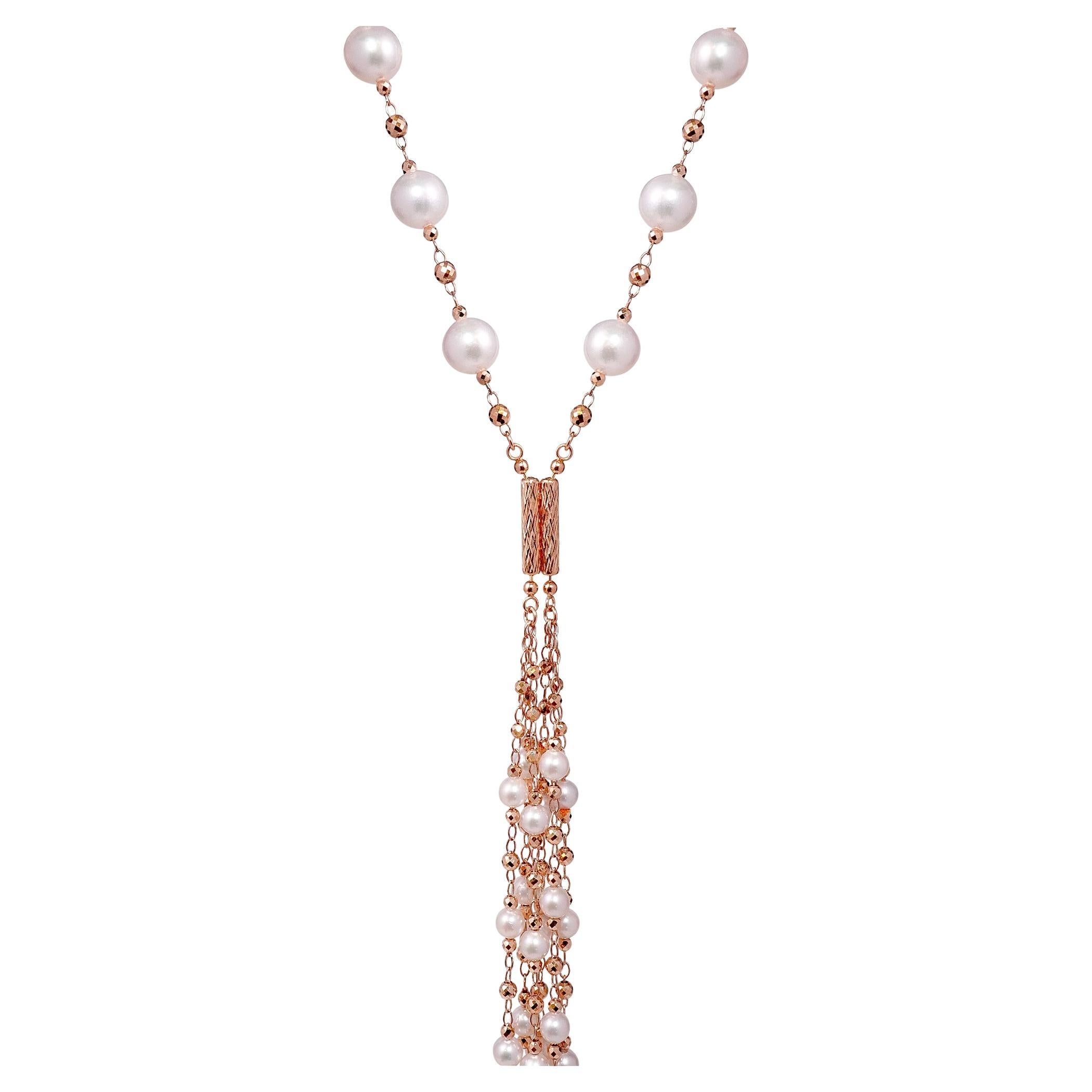 Collier polyvalent en or rose 18K "magnétique" avec perles japonaises Akoya et pompons Chic en vente