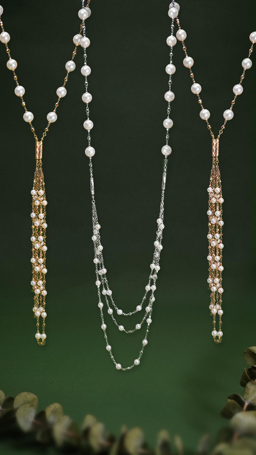 Collier polyvalent en or blanc 18K 'Magnetic' avec perles d'Akoya et pompons Chic Unisexe en vente