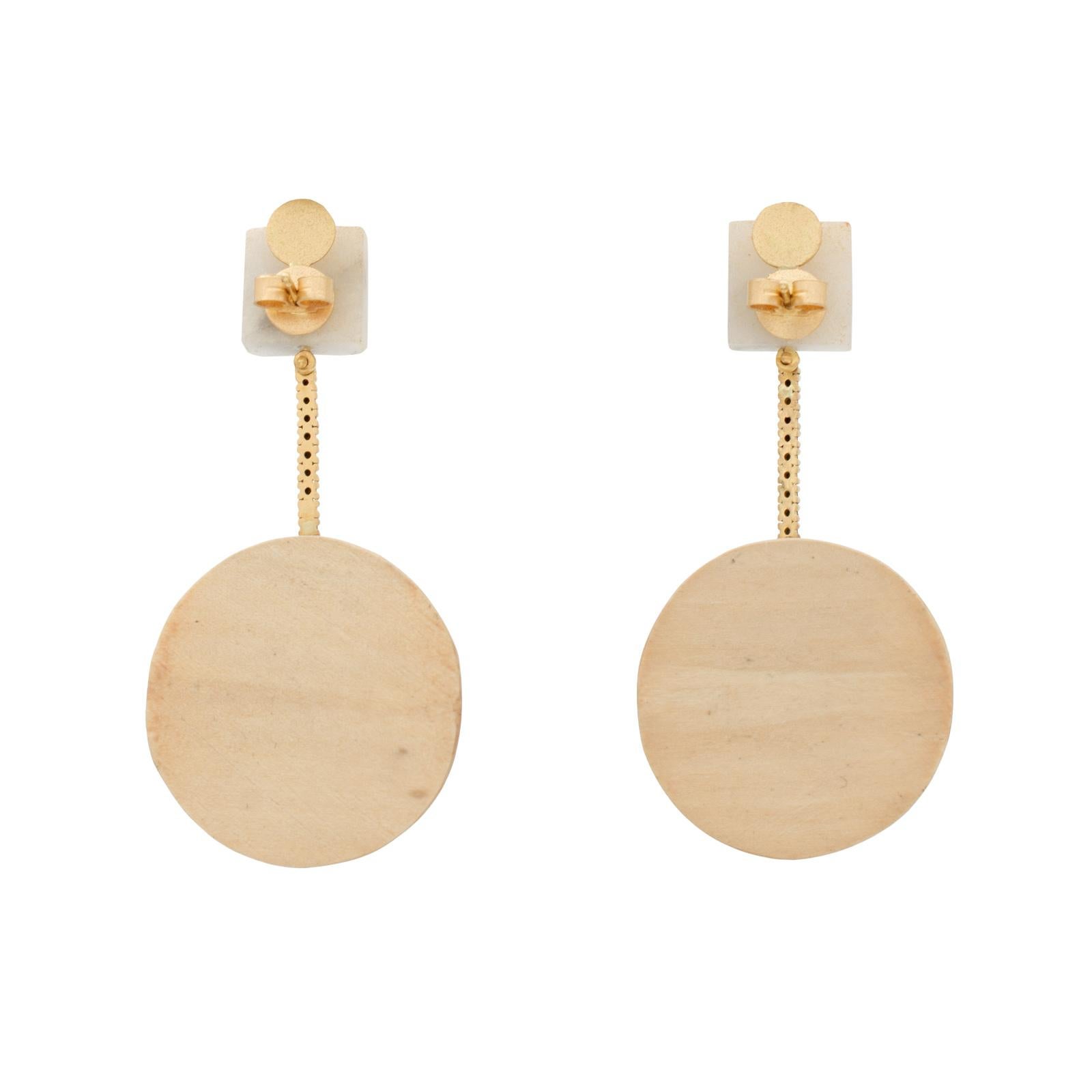 Square cut Marble earrings with 21 black diamonds (1.3mm) set in 18 carat recycled gold ascending to Vintage wooden balls. The perfect balance of modern and natural elements. All pieces are one-of-a-kind and handmade by a single artisan in the USA
