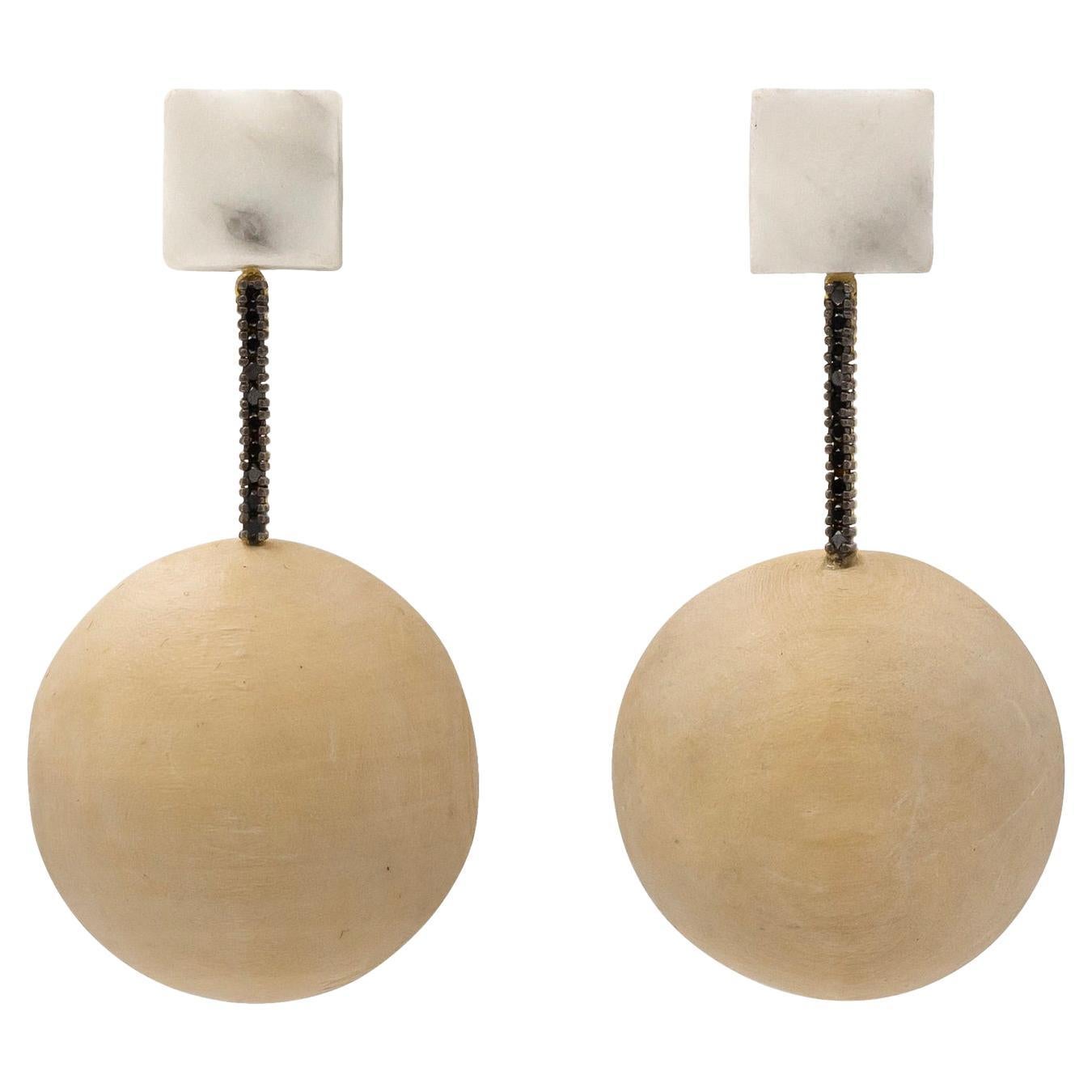 18K Marble, Black Diamond and Vintage Wooden Ball Statement Earrings For Sale