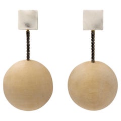 18K Marble, Black Diamond and Vintage Wooden Ball Statement Earrings
