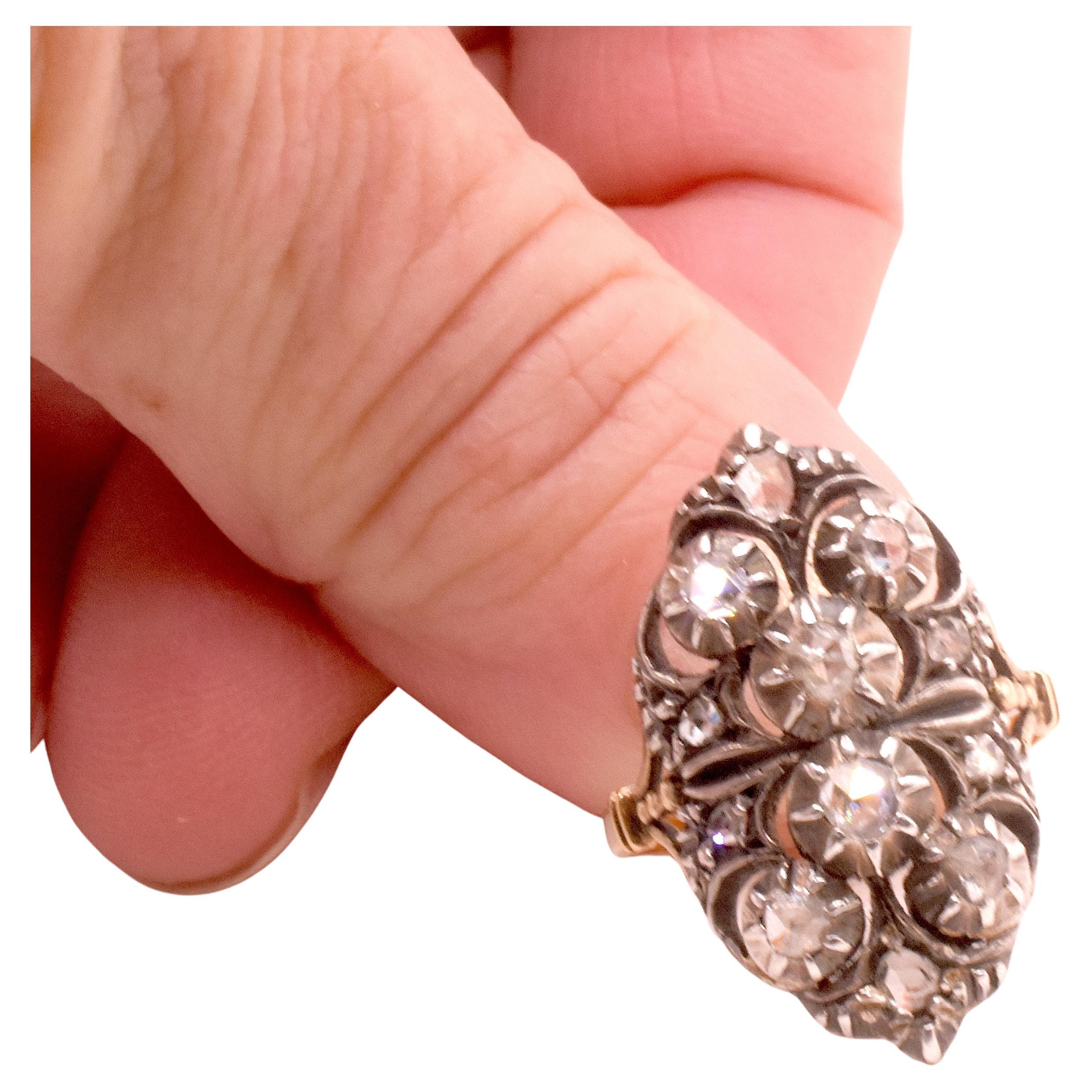 18K Marquis-förmiger frühviktorianischer Diamant-Cluster-Ring (Rosenschliff) im Angebot