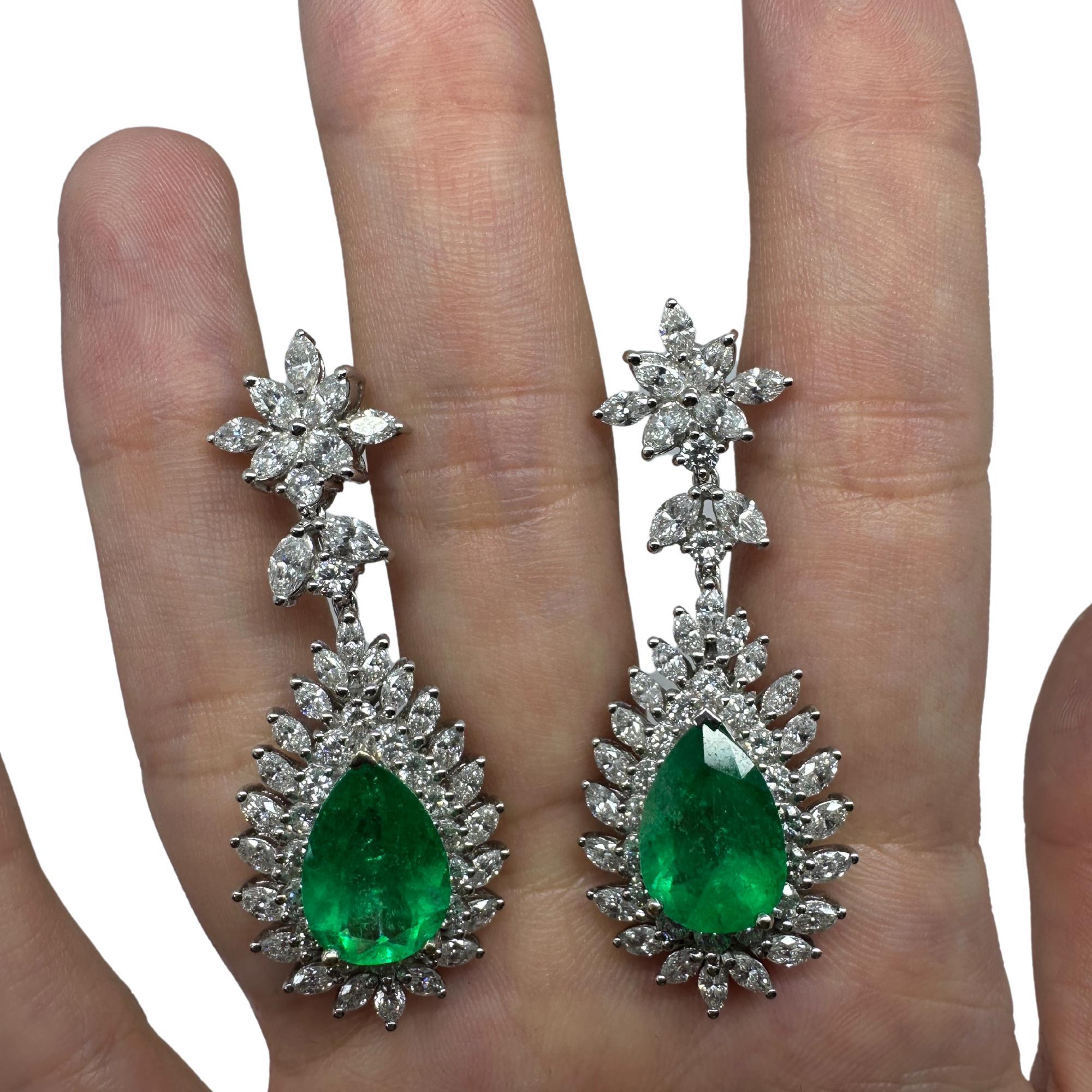 Women's 18k Marquise Cut Diamond and Pear Cut Emerald Earrings For Sale