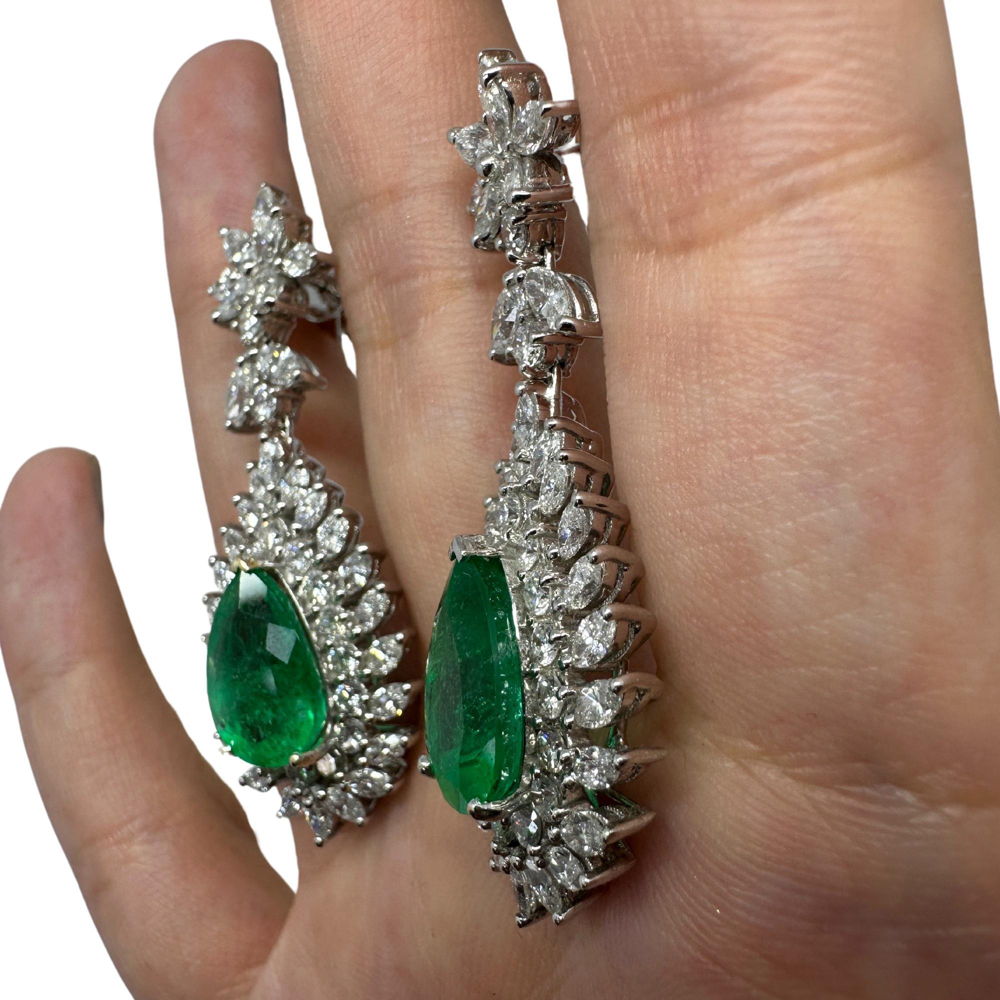 18k Marquise Cut Diamond and Pear Cut Emerald Earrings For Sale 1