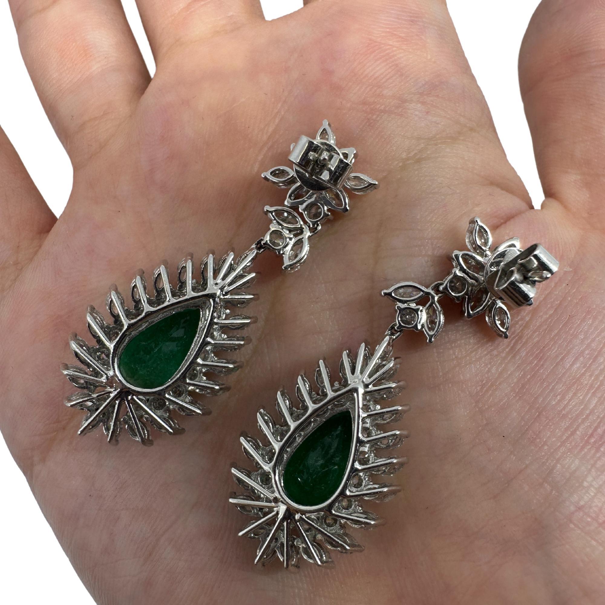 18k Marquise Cut Diamond and Pear Cut Emerald Earrings For Sale 2