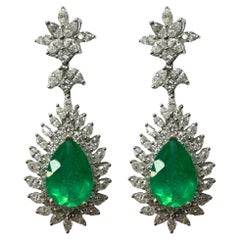 18k Marquise Cut Diamond and Pear Cut Emerald Earrings