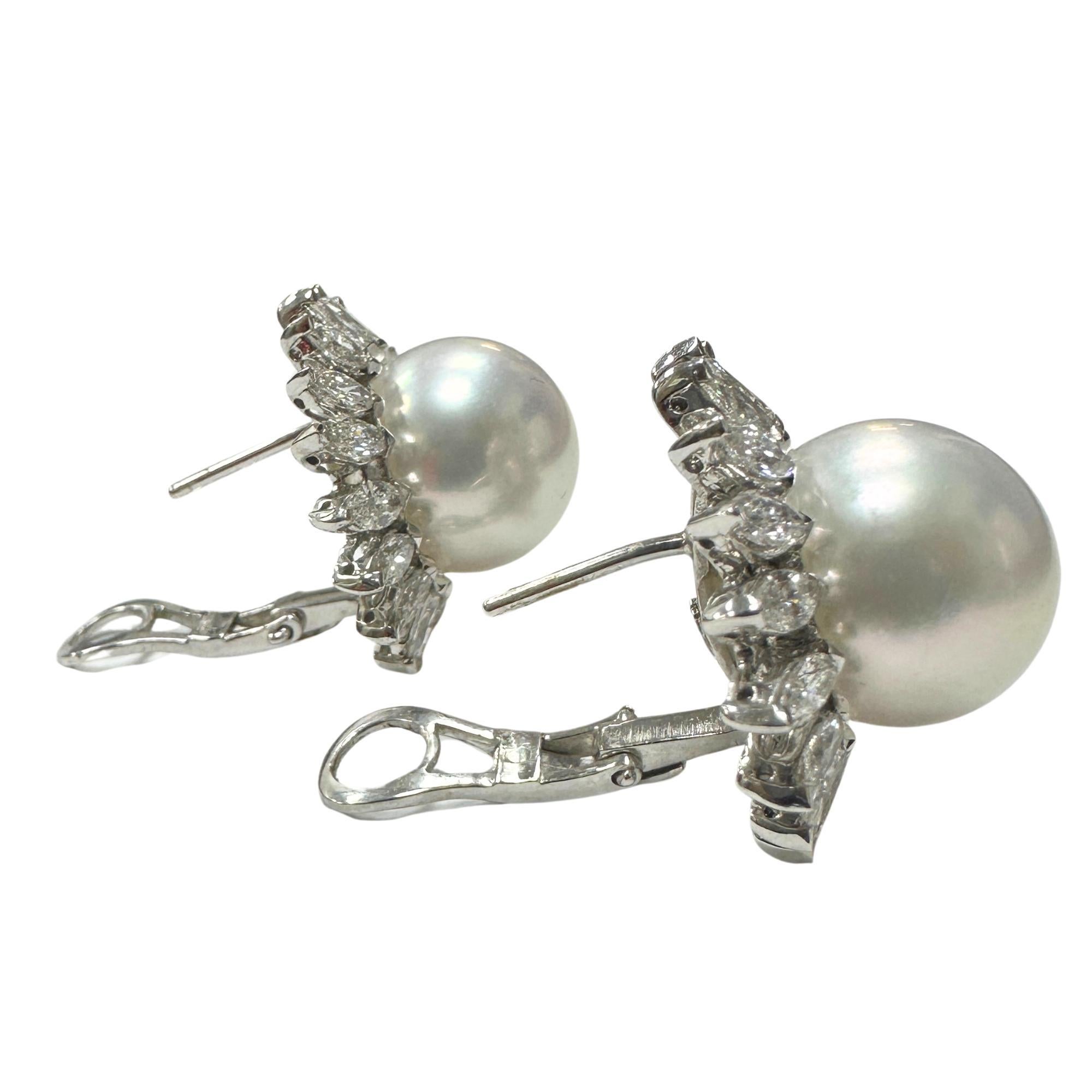 18K Marquise Cut Diamond and Pearl Earrings For Sale 6
