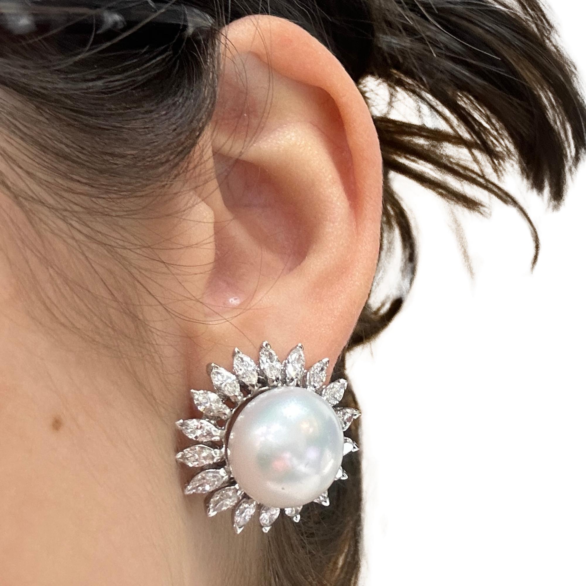 18K Marquise Cut Diamond and Pearl Earrings For Sale 7
