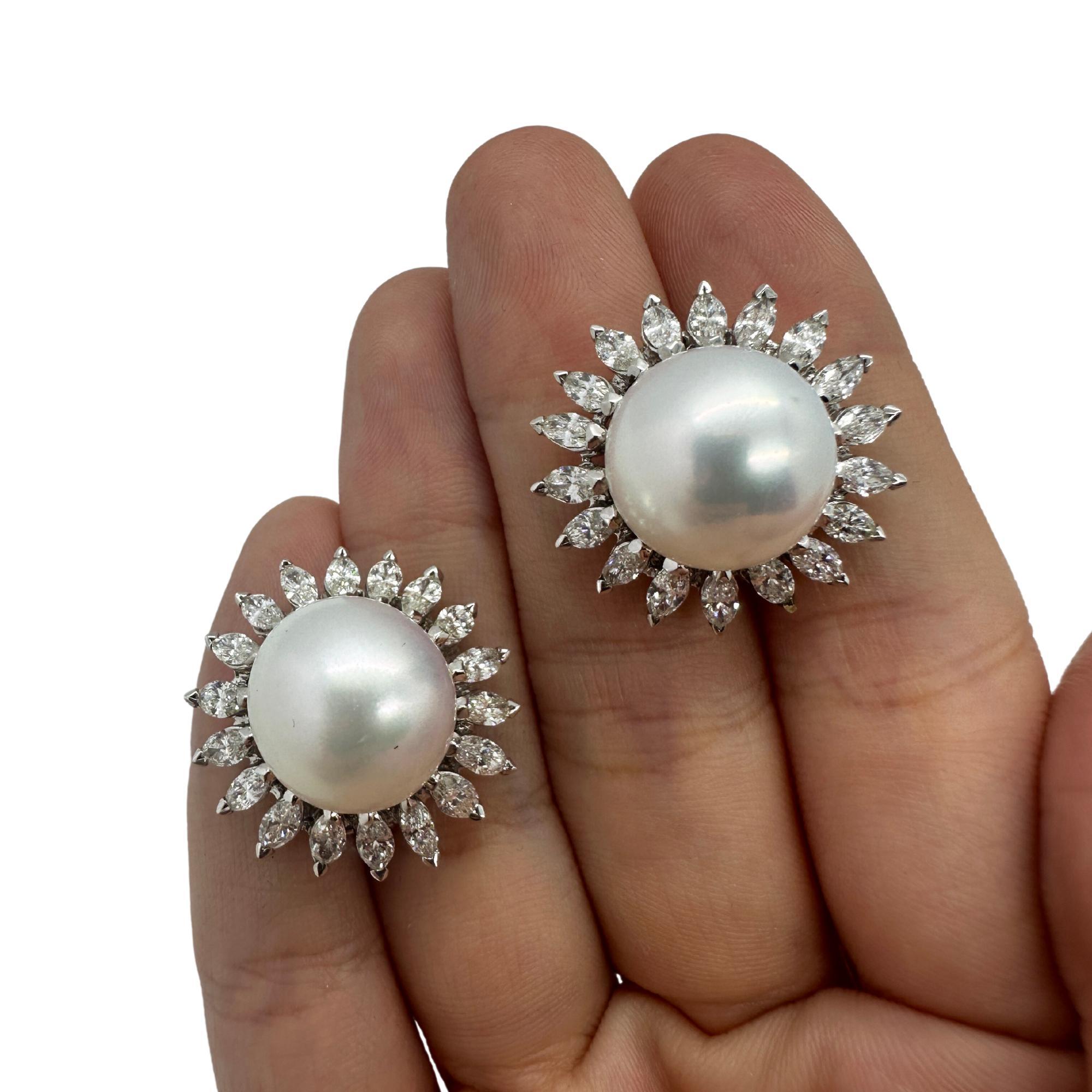 18K Marquise Cut Diamond and Pearl Earrings For Sale 8