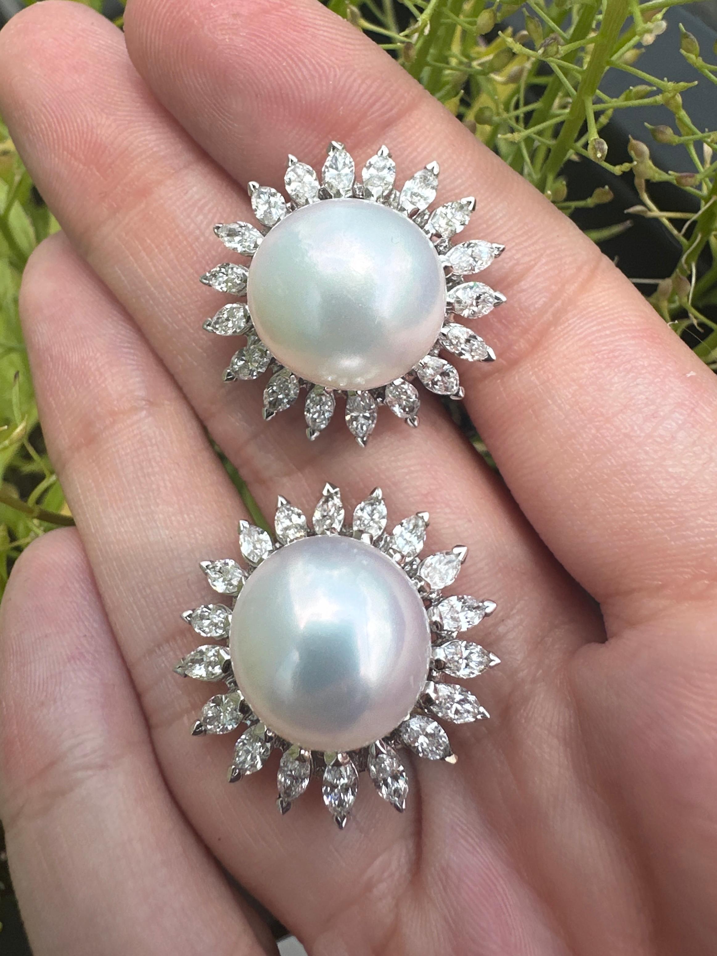 18K Marquise Cut Diamond and Pearl Earrings In Good Condition For Sale In New York, NY