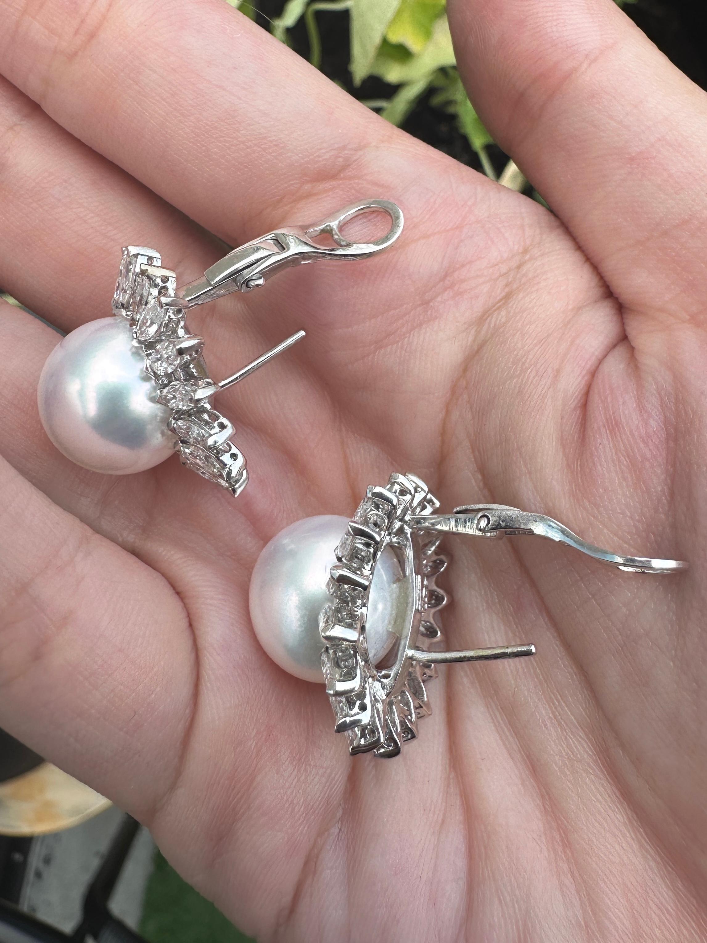 Women's 18K Marquise Cut Diamond and Pearl Earrings For Sale