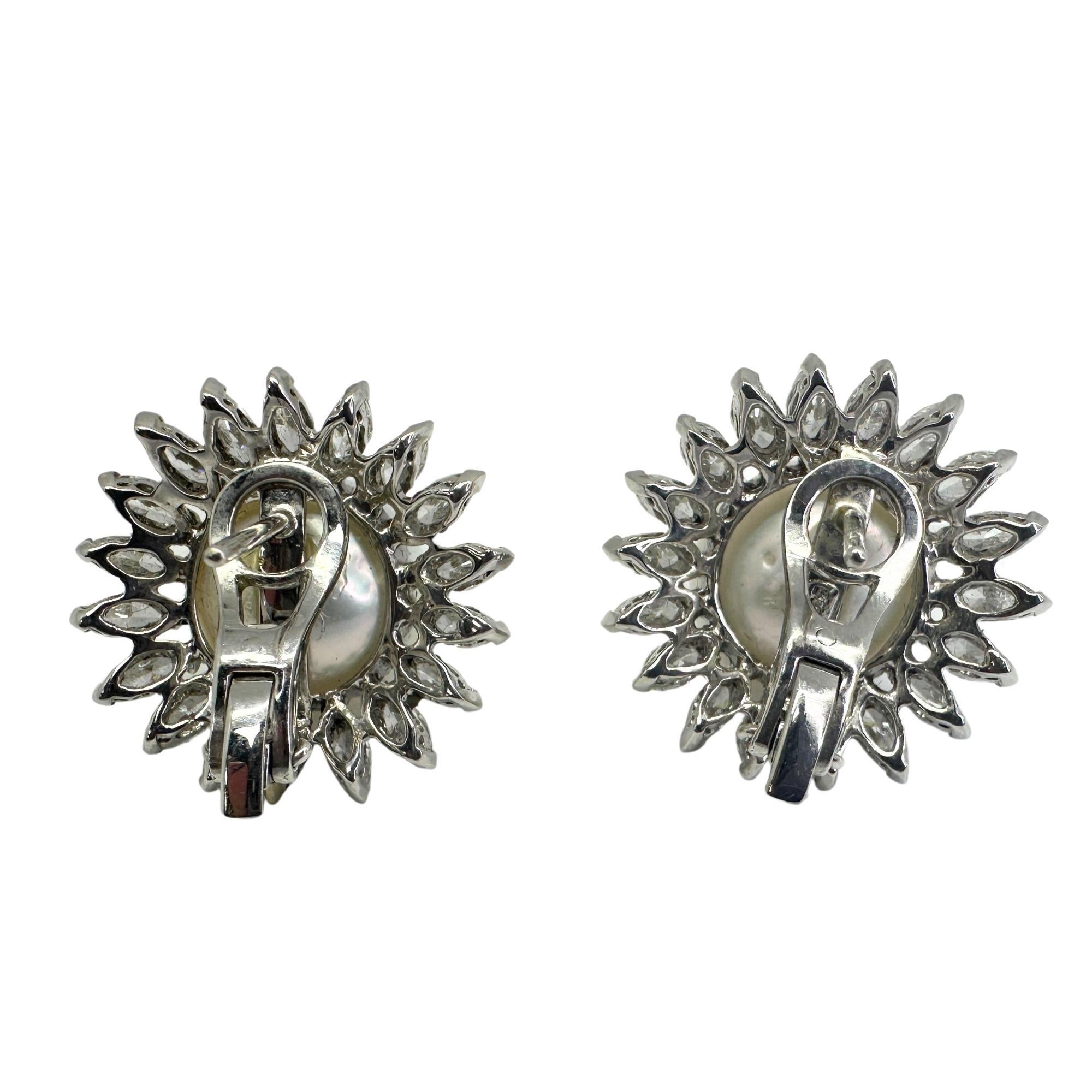 18K Marquise Cut Diamond and Pearl Earrings For Sale 1