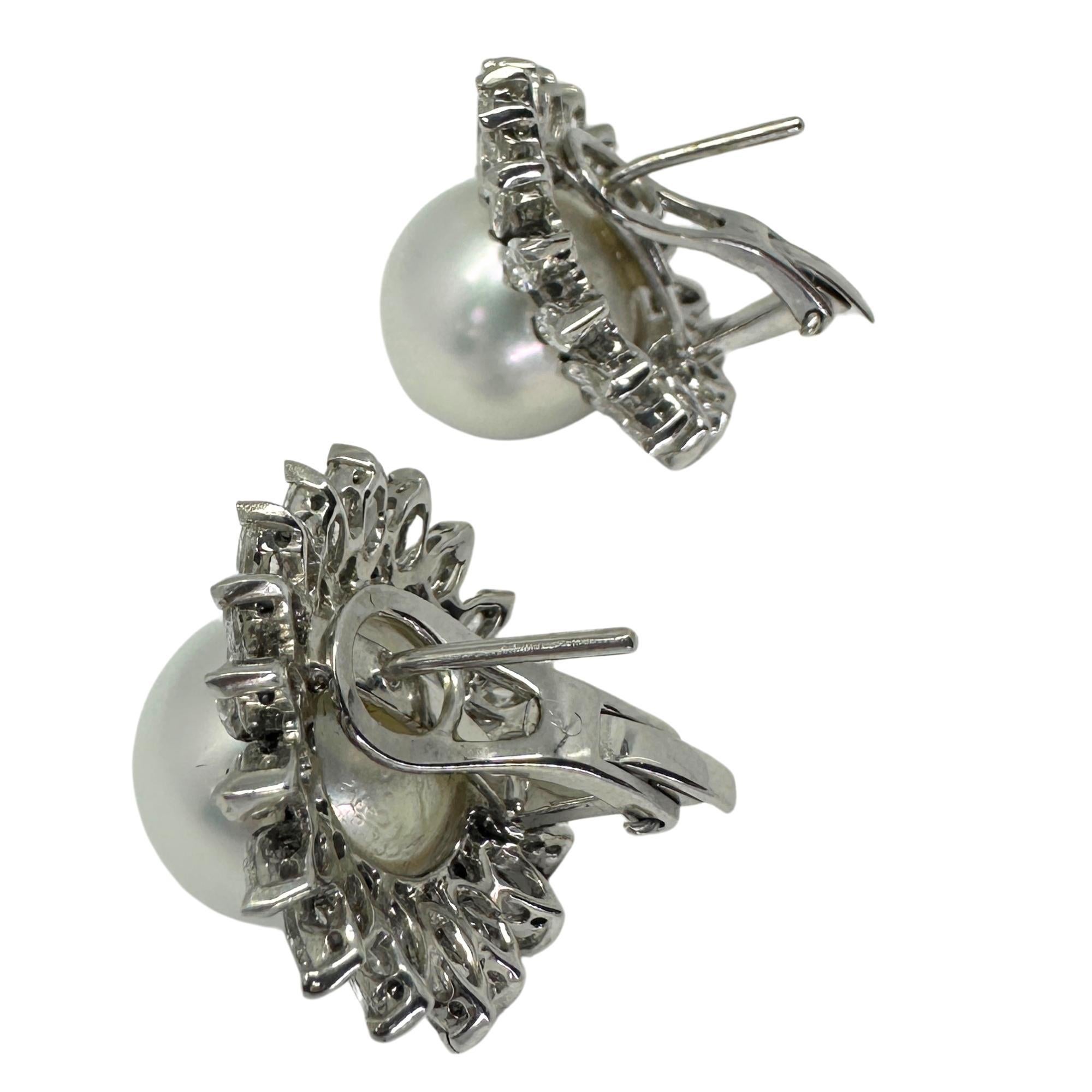 18K Marquise Cut Diamond and Pearl Earrings For Sale 2